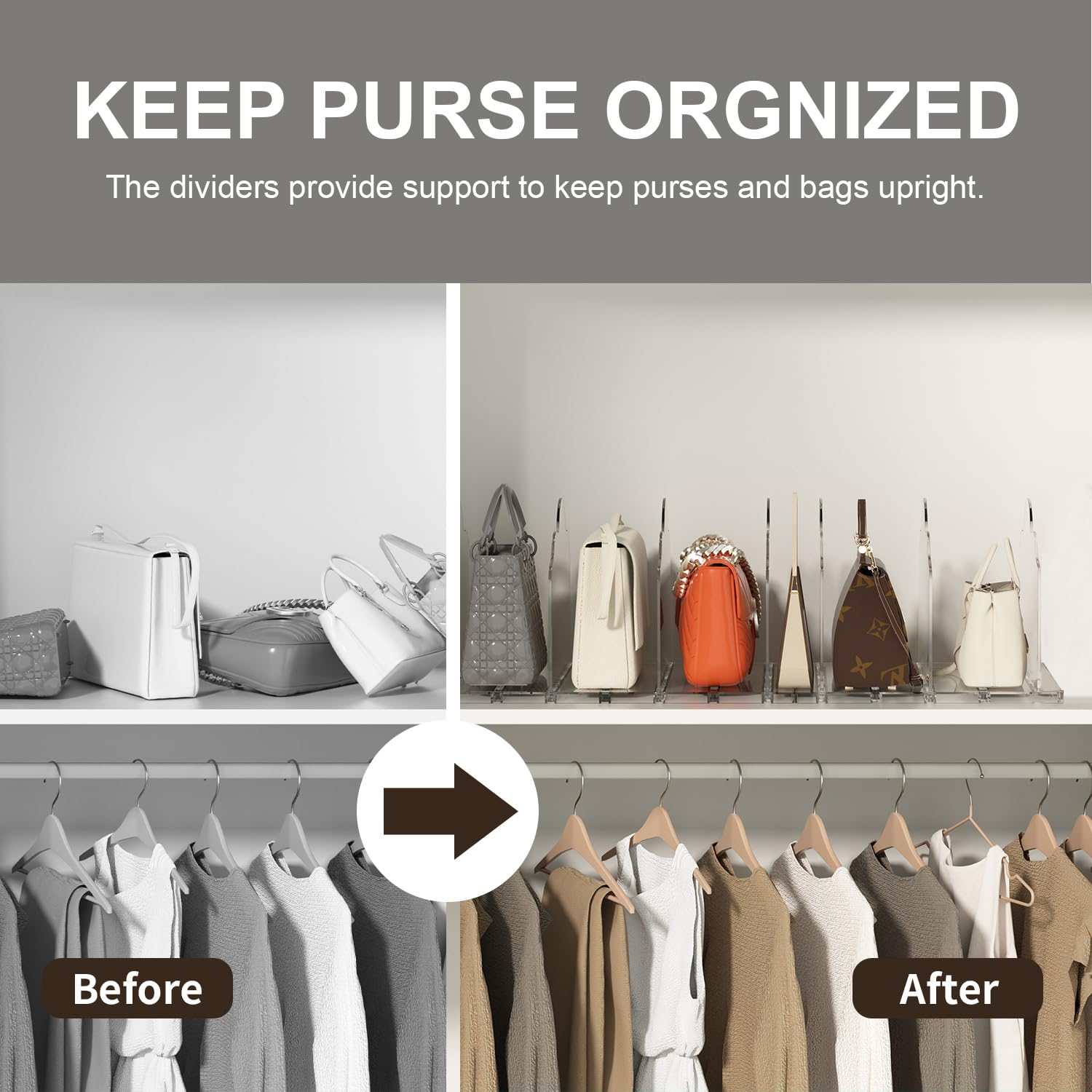 ANTOWIN 8-Piece Adjustable Purse Organizers for Closet - Handbag Storage Organizer & Shelf Divider | Perfect for Closet Organization, Bag Storage, and Space Saving