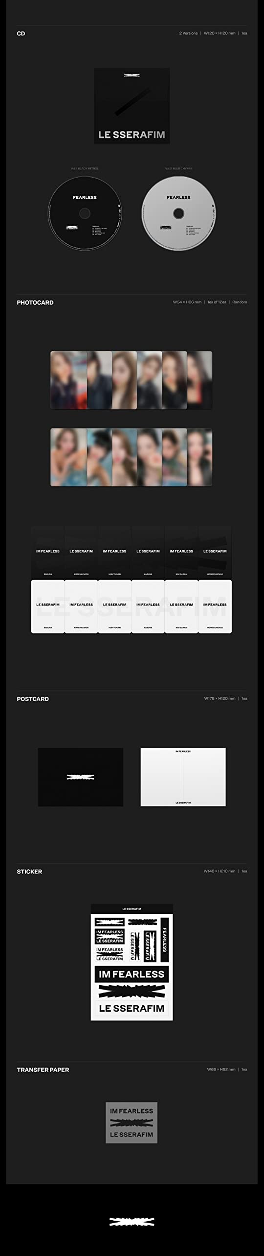LE SSERAFIM FEARLESS 1st Mini Album SET (BLACK PETROL + BLUE CHYPRE Version) - Includes CD, Booklet, Photocard, Postcard, Sticker & Transfer Paper - Perfect for K-Pop Fans, Album Collectors and Gift Giving