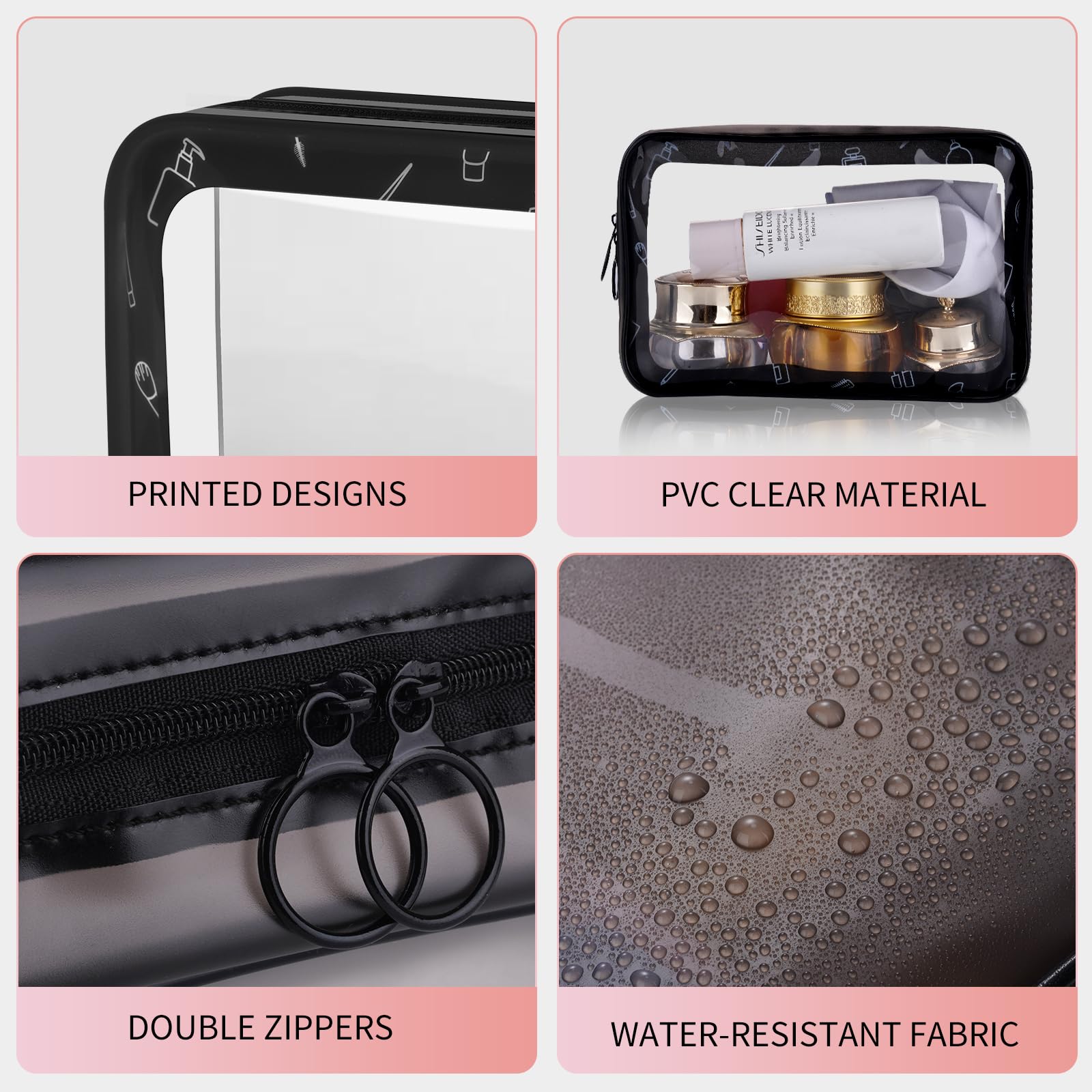 2 Pack Clear Printed TSA Approved Quart Size Toiletry Bag - Travel Makeup Cosmetic Organizer for Women & Men (Black & White) | Perfect for Air Travel, Gym Essentials & Daily Beauty Storage