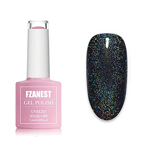 FZANEST Holographic Black Soak Off UV Gel Nail Polish - 0.25 Fl.oz Long Lasting Nail Art Gel with Mirror Effect (Requires UV/LED Lamp) - Perfect for Salon, Home Manicures & Special Occasions