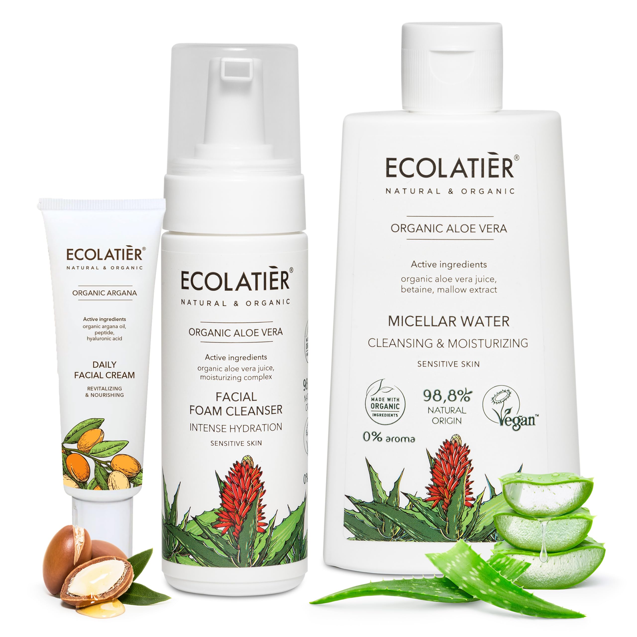 Organic Skincare Bundle - Micellar Cleansing Water, Foaming Facial Cleanser & Daily Moisturizing Cream with Aloe Vera & Argan Oil - Hydrating, Nourishing & Gentle for All Skin Types - Vegan & Cruelty-Free - Perfect for Daily Skincare Routine, Travel & Sensitive Skin Care