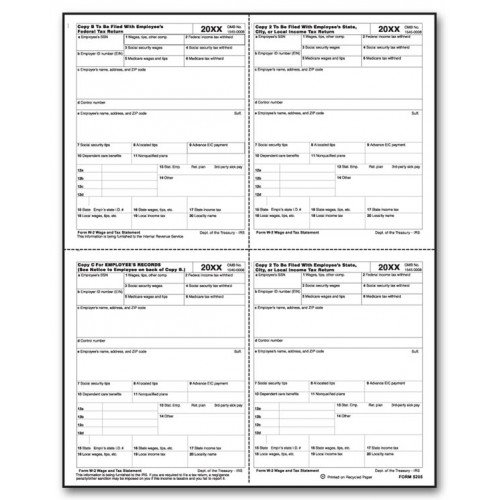 Laser W-2 Tax Form P Format, 4-Up - Printable Tax Documents for Small Business Payroll & Accounting