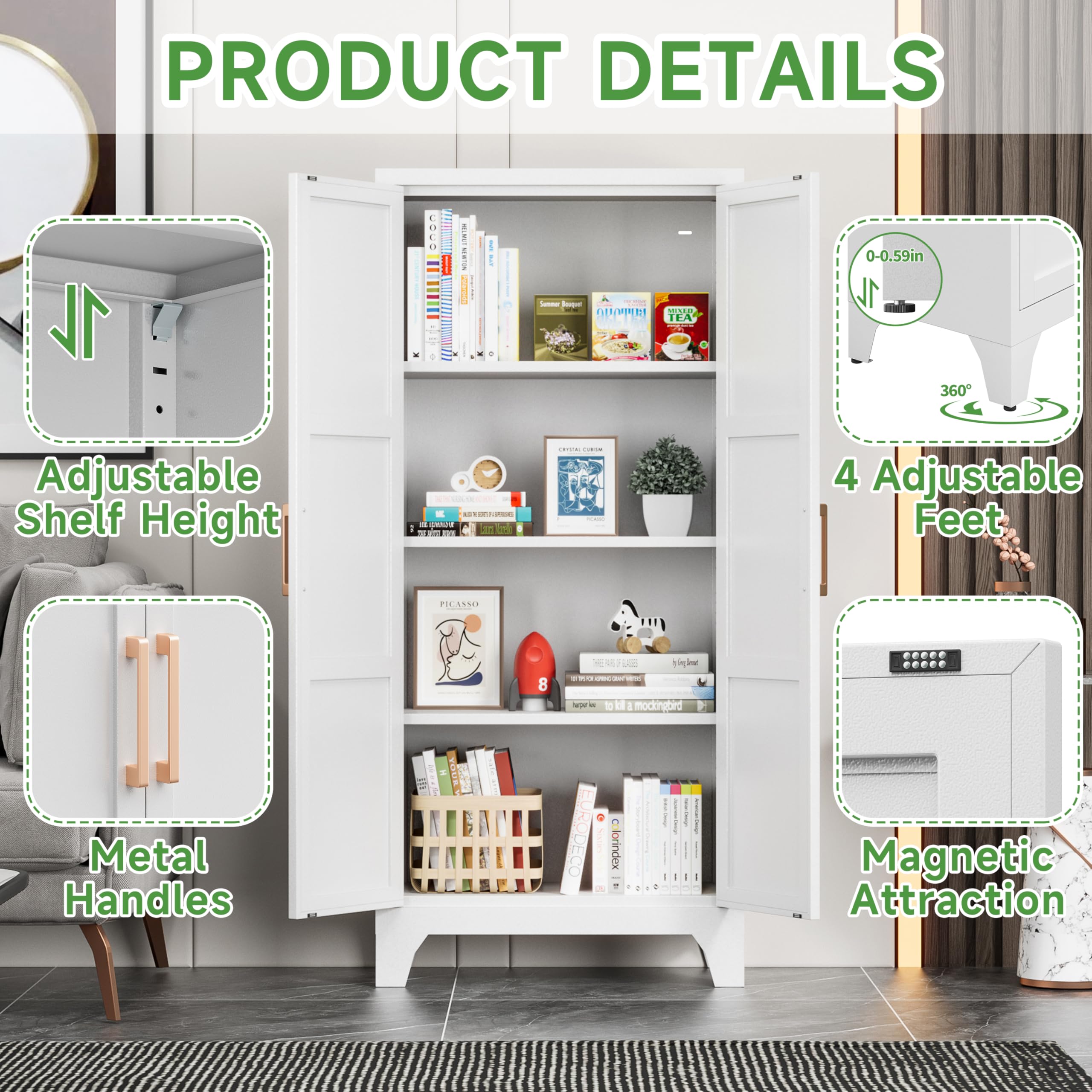 White Metal Pantry Cabinet with Adjustable Shelves & Doors - Kitchen Storage Organizer for Food, Dishes & Supplies - Perfect for Kitchen, Living Room & Dining Room - Easy Assembly Required