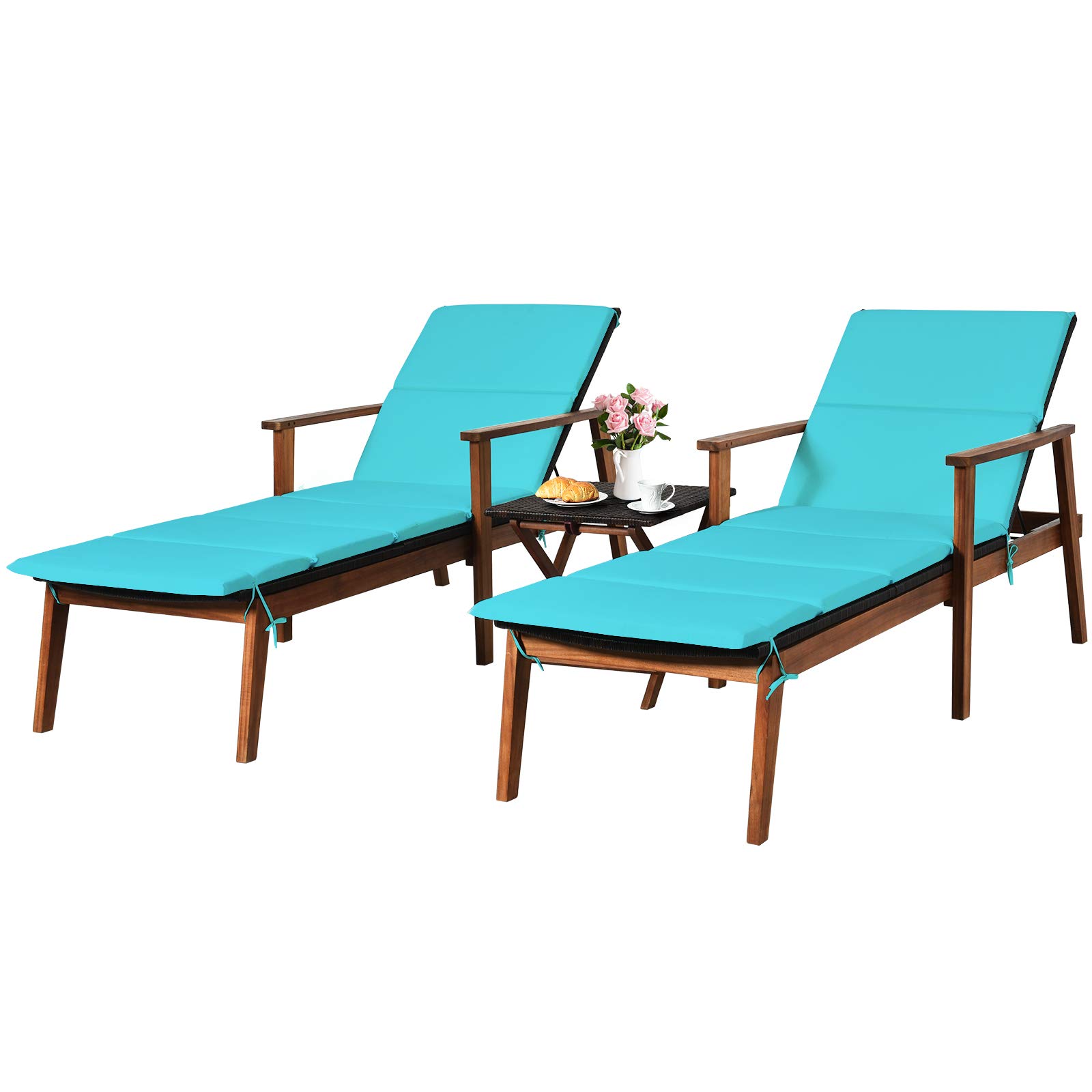 Happygrill 3-Piece Patio Chaise Lounge Set - Rattan Wicker Recliner Chairs with Armrest & Acacia Wood Frame - Adjustable Backrest & Cushions - Outdoor Furniture for Garden, Backyard, Porch, Poolside & Patio Relaxation