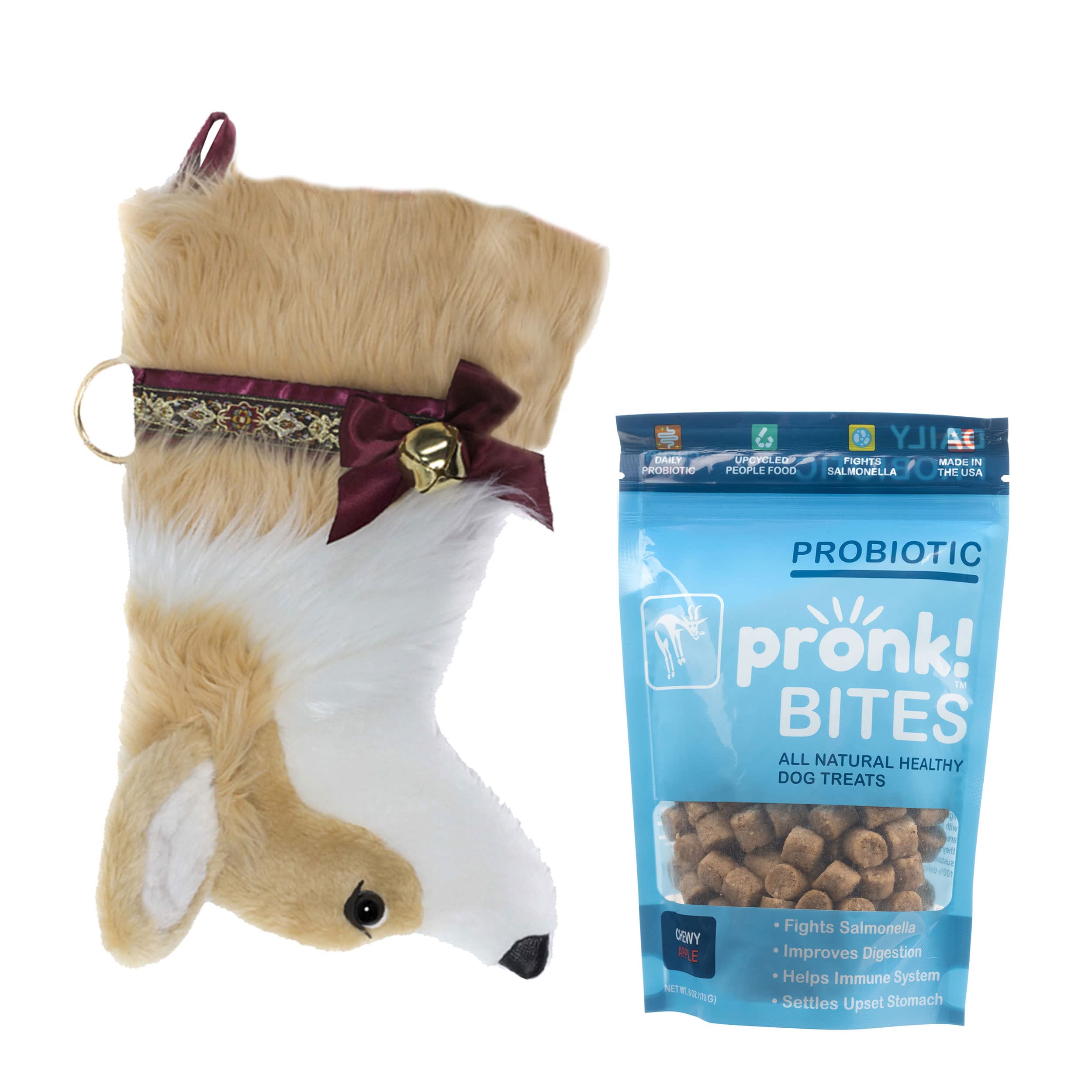 Pronk! Hearth Hounds Christmas Stocking for Dogs with Soft Baked Apple Probiotic Dog Treats - Healthy Upcycled Snacks for Holiday Pet Gifting & Stocking Stuffers