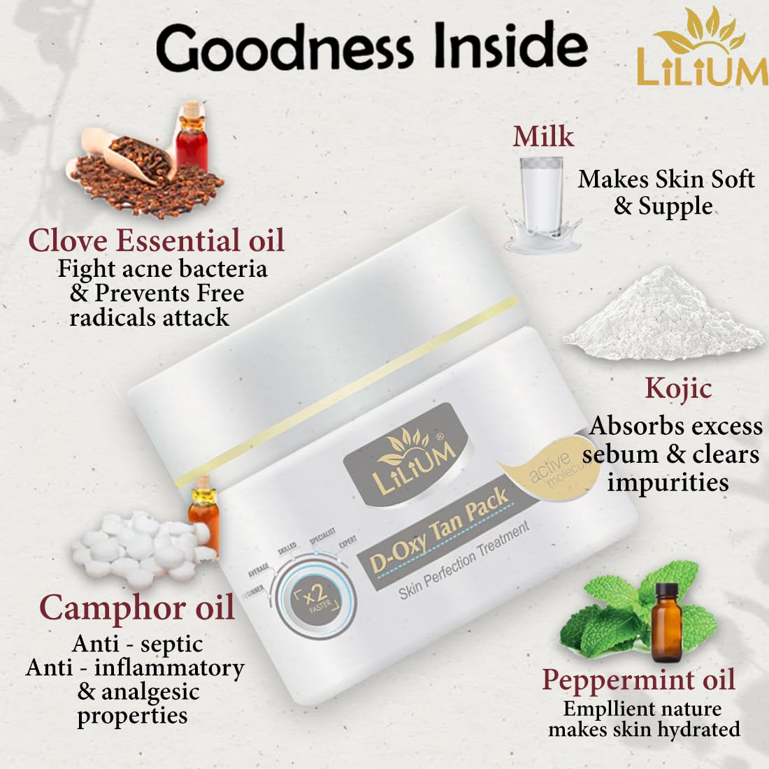 Lilium D Oxy Tan Removal Face Pack with Kojic Acid & Milk - Dermatologist Tested Vegan Sun Damage Protection Cream - Hydrating Brightening Mask for Men & Women (40g) - Perfect for Post-Sun Care & Daily Skin Brightening