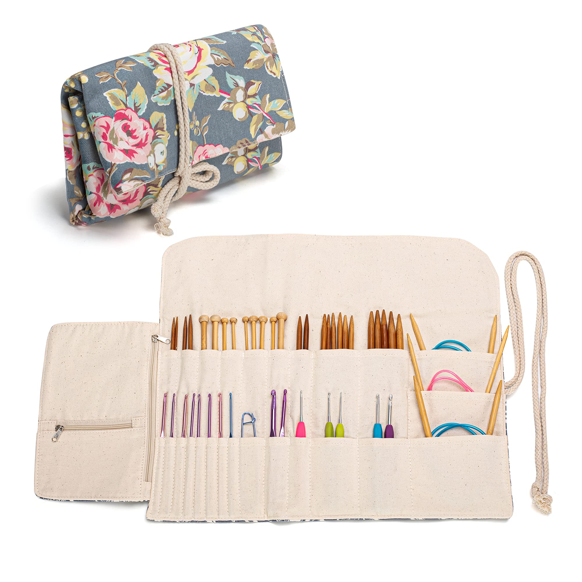 Teamoy Knitting Needles Holder Case (11 Inches) - Rolling Organizer for Straight & Circular Knitting Needles, Crochet Hooks & Accessories - Peony Floral Design - Perfect for Knitting Projects, Travel & Craft Storage - No Accessories Included