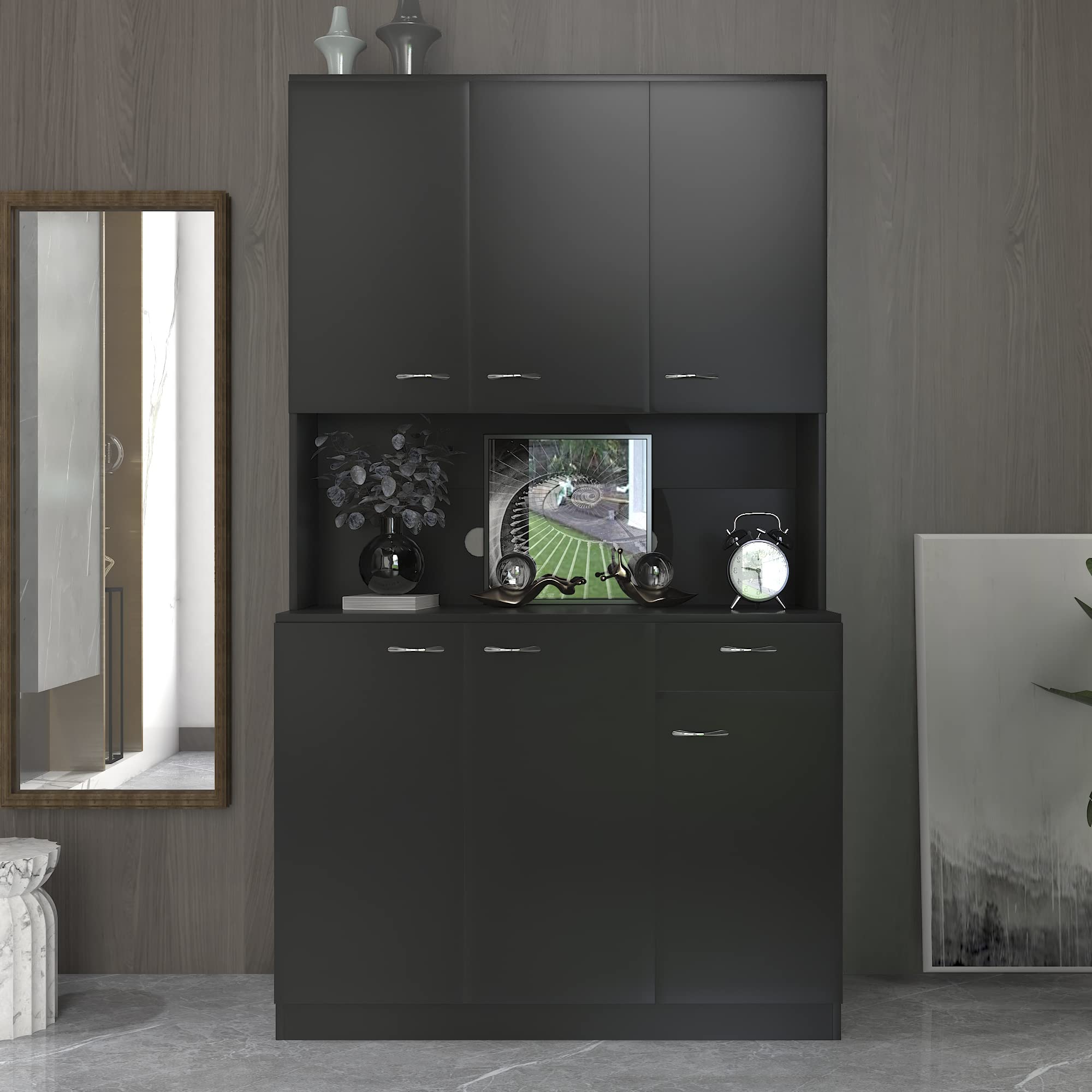 Freestanding Tall Kitchen Cabinet with 6 Doors, Drawer & Adjustable Shelves - Traditional Wood Pantry Storage for Dining Room & Entryway - Open Countertop & Cable Management Holes - Perfect for Organizing Spices, Dishes & Small Appliances (Black)