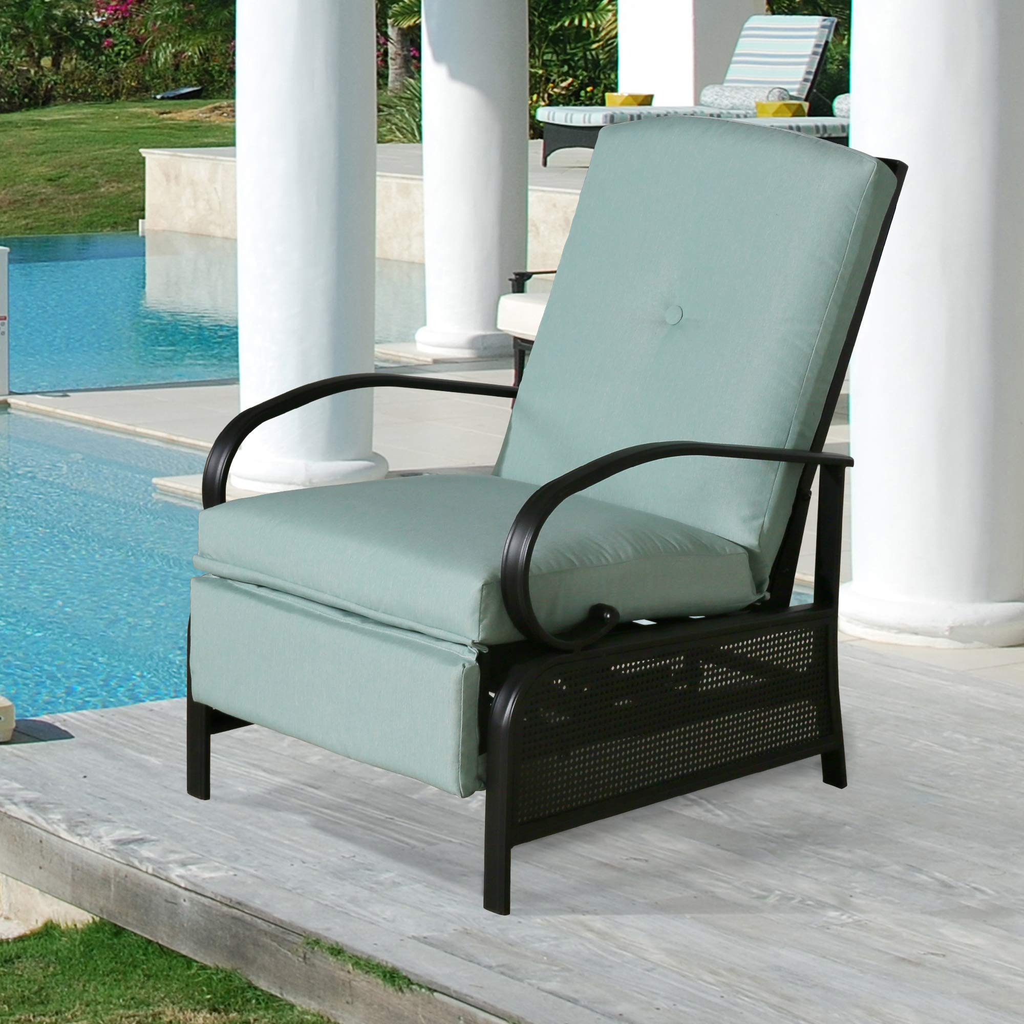 Adjustable Outdoor Reclining Lounge Chair - Patio Recliner with Sturdy Extendable Metal Frame & Removable Cushions - Perfect for Backyard, Poolside, Beach Relaxation & Sunbathing (Mist)