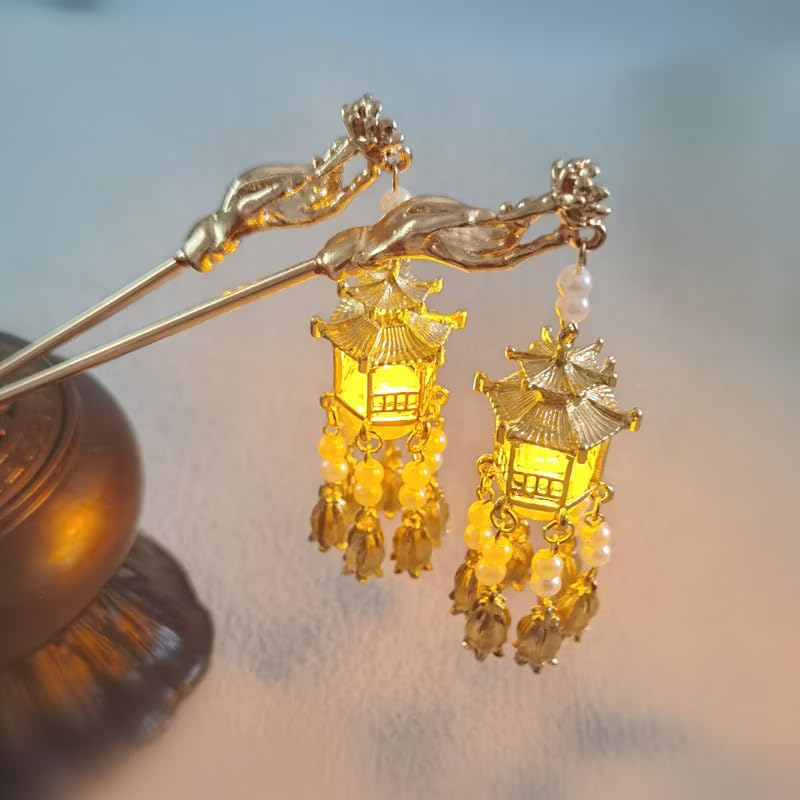 THE GLAM NIYATI Ancient Style Metal Hair Stick - Vintage Lantern Headdress Hairpin with White Beads & Light (Pack of 1) | Women's Hair Accessories for Weddings, Cosplay & Boho Fashion