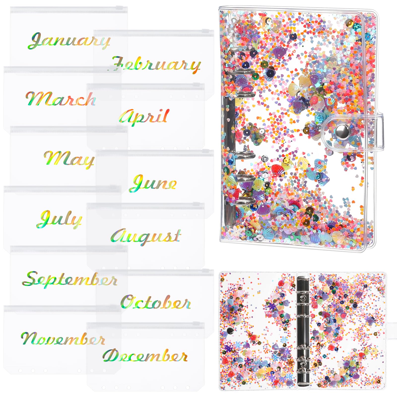 NEW A6 Glitter Budget Binder with Monthly Zipper Cash Envelopes - PVC Money Saving Planner with 6-Ring Sequin Cover & Plastic Pockets - Perfect for Cash Stuffing Challenges & Personal Finance Organization