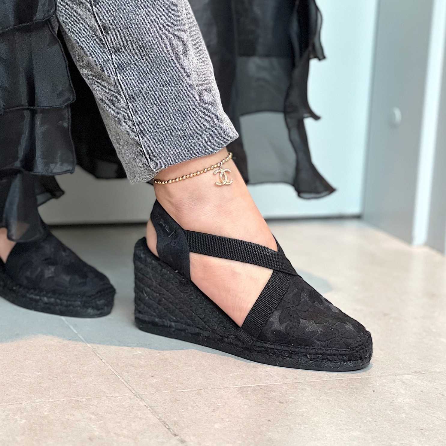 Women's Embroidered Black Cotton Blend Wedge Espadrilles - Comfortable Summer Sandals for Beach, Casual Outings & Weddings | Terra 7FBK