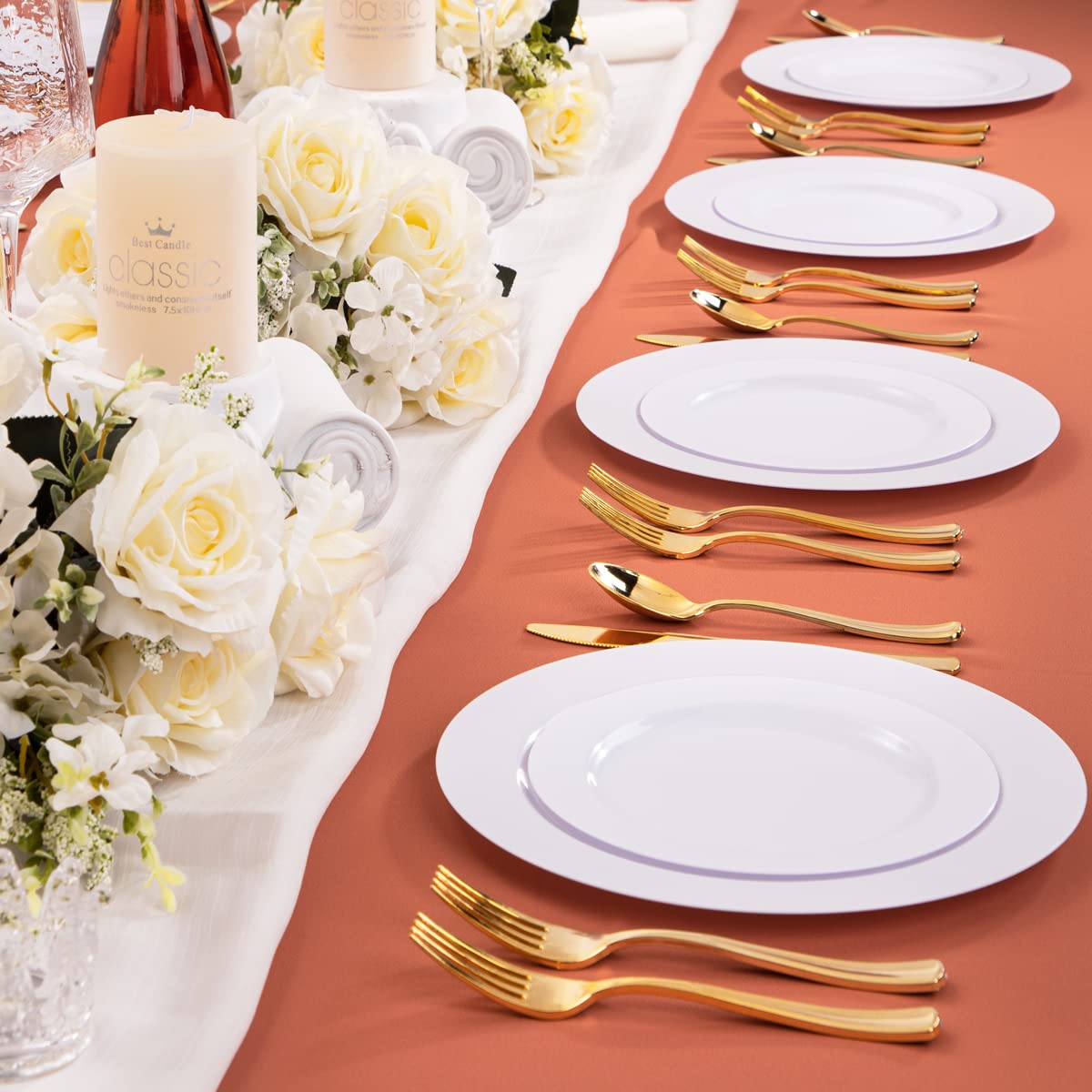 U-QE 150-Piece White Plastic Disposable Plates & Cutlery Set - 30 Dinner Plates, 30 Dessert Plates, 30 Gold Plastic Forks, Knives, Spoons - Perfect for Weddings, Parties, Picnics & Outdoor Events
