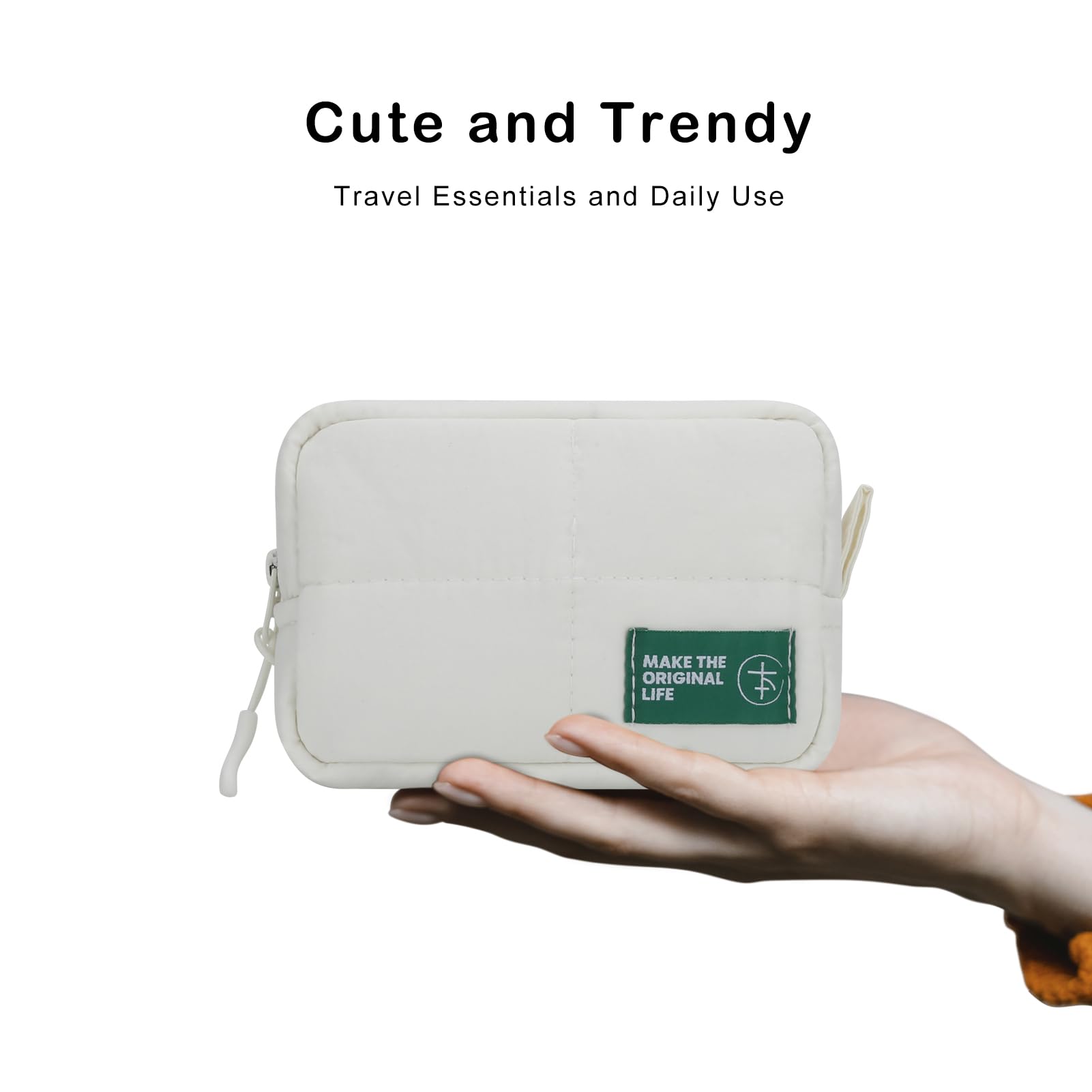 Cute Mini Makeup Bag for Women - Travel Cosmetic Organizer | White Quilted Toiletry Pouch for Daily Use & Trips
