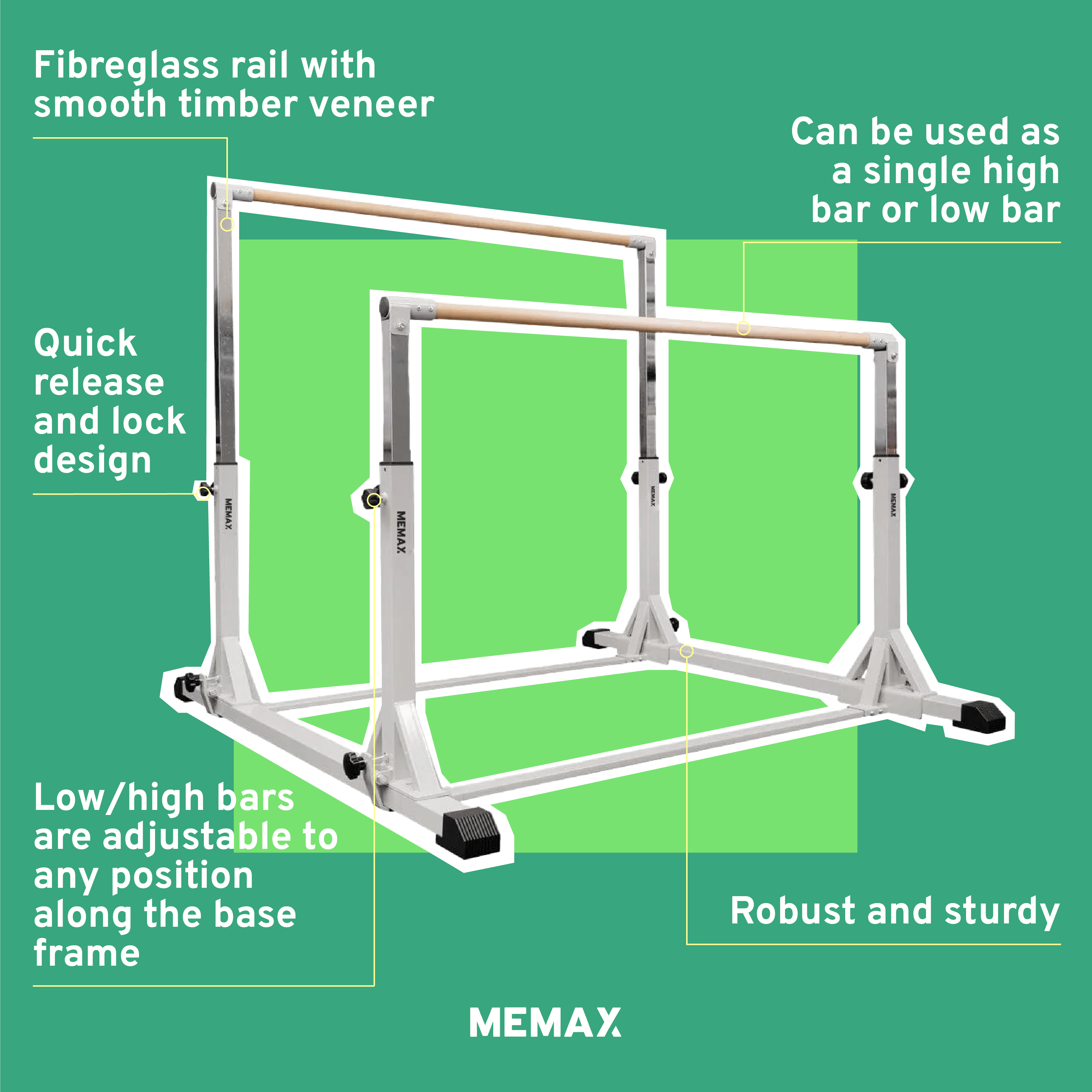 MEMAX Elite Uneven Bar for Gymnastics Training - Professional Home & Gym Equipment for Kids & Adults - Perfect for Strength Training, Fitness & Competitive Practice