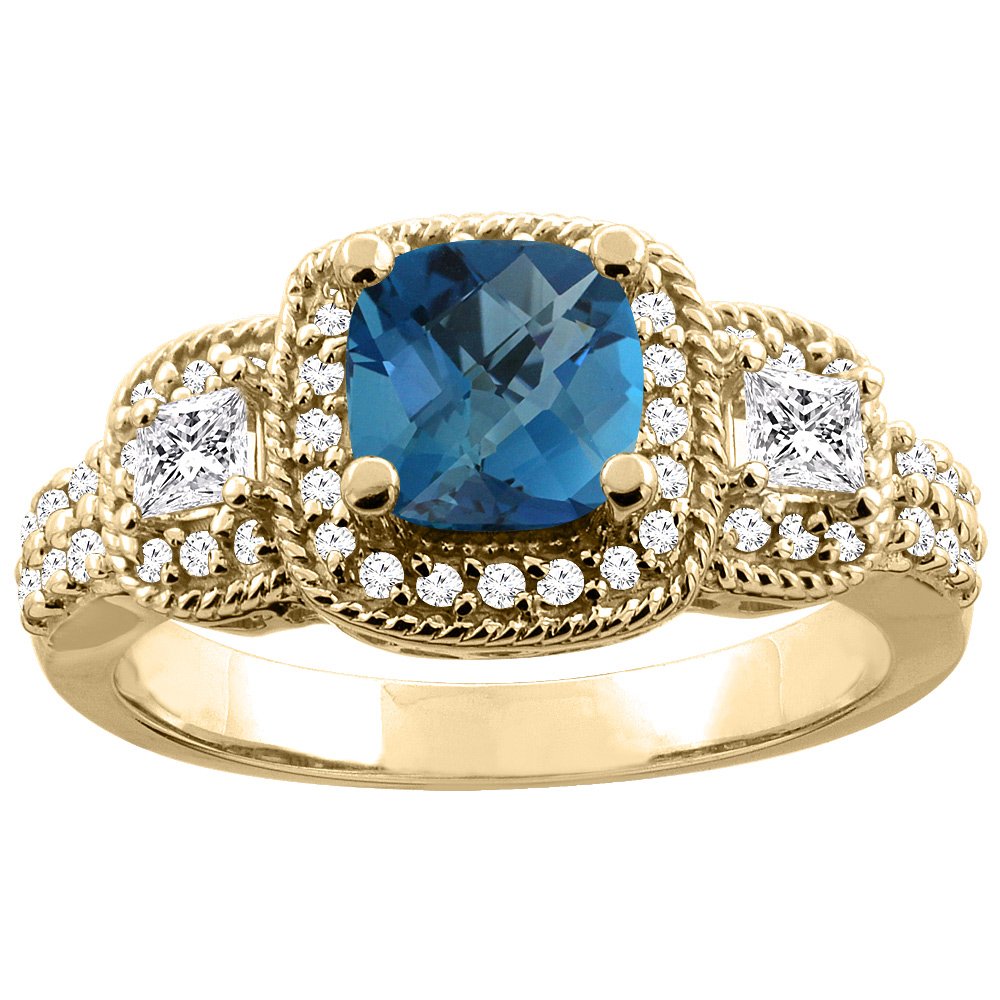 14K White/Yellow Gold Natural London Blue Topaz Ring - Cushion-Cut 6x6mm with Diamond Accent, Sizes 5-10 - Elegant Jewelry for Weddings, Anniversaries & Special Occasions