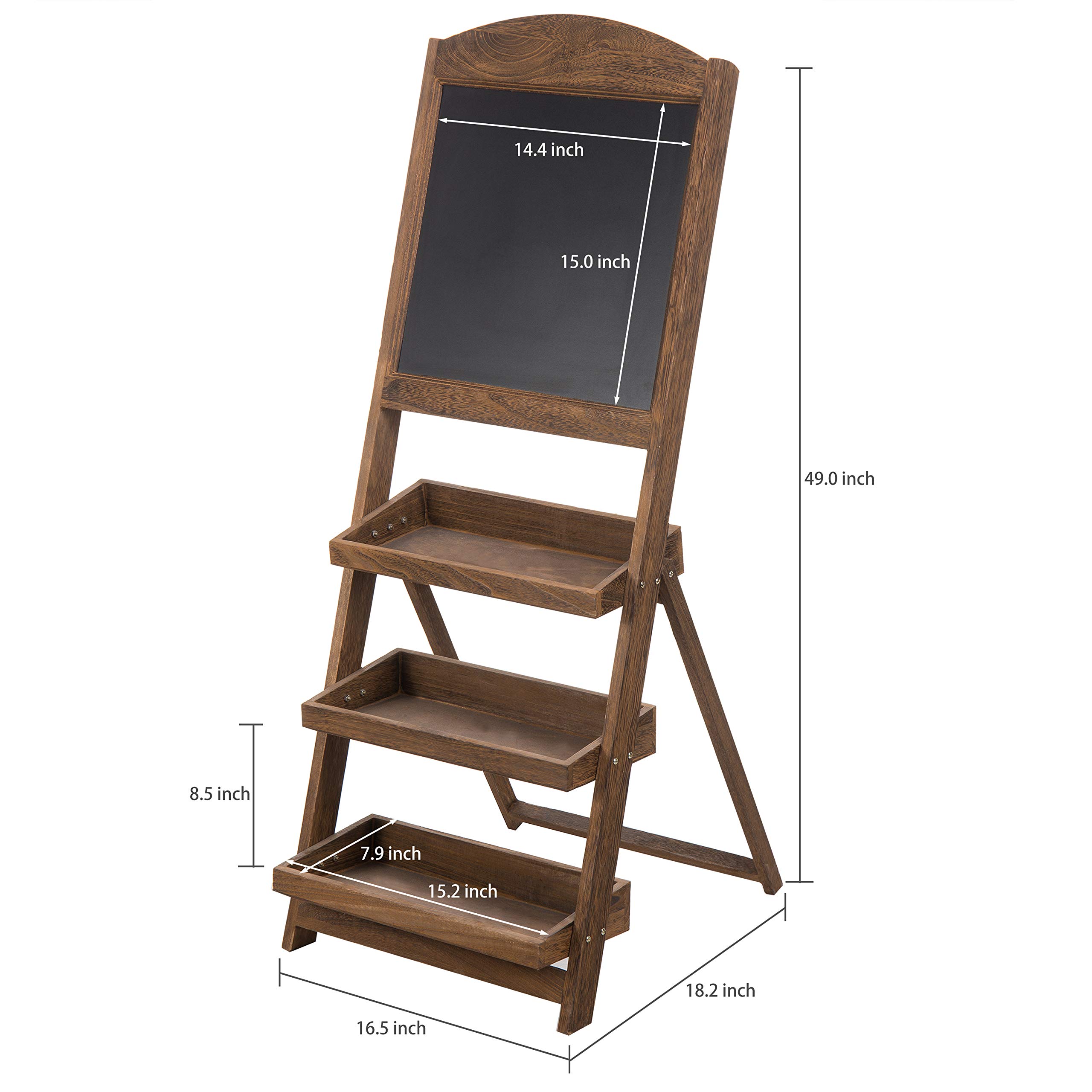 Rustic Burnt Wood Freestanding Chalkboard Easel with 3-Tier Display Shelves - Decorative Chalkboard Plant Stand for Home, Cafe, or Wedding Decor | Perfect for DIY Signs, Menu Boards & Indoor Plant Display
