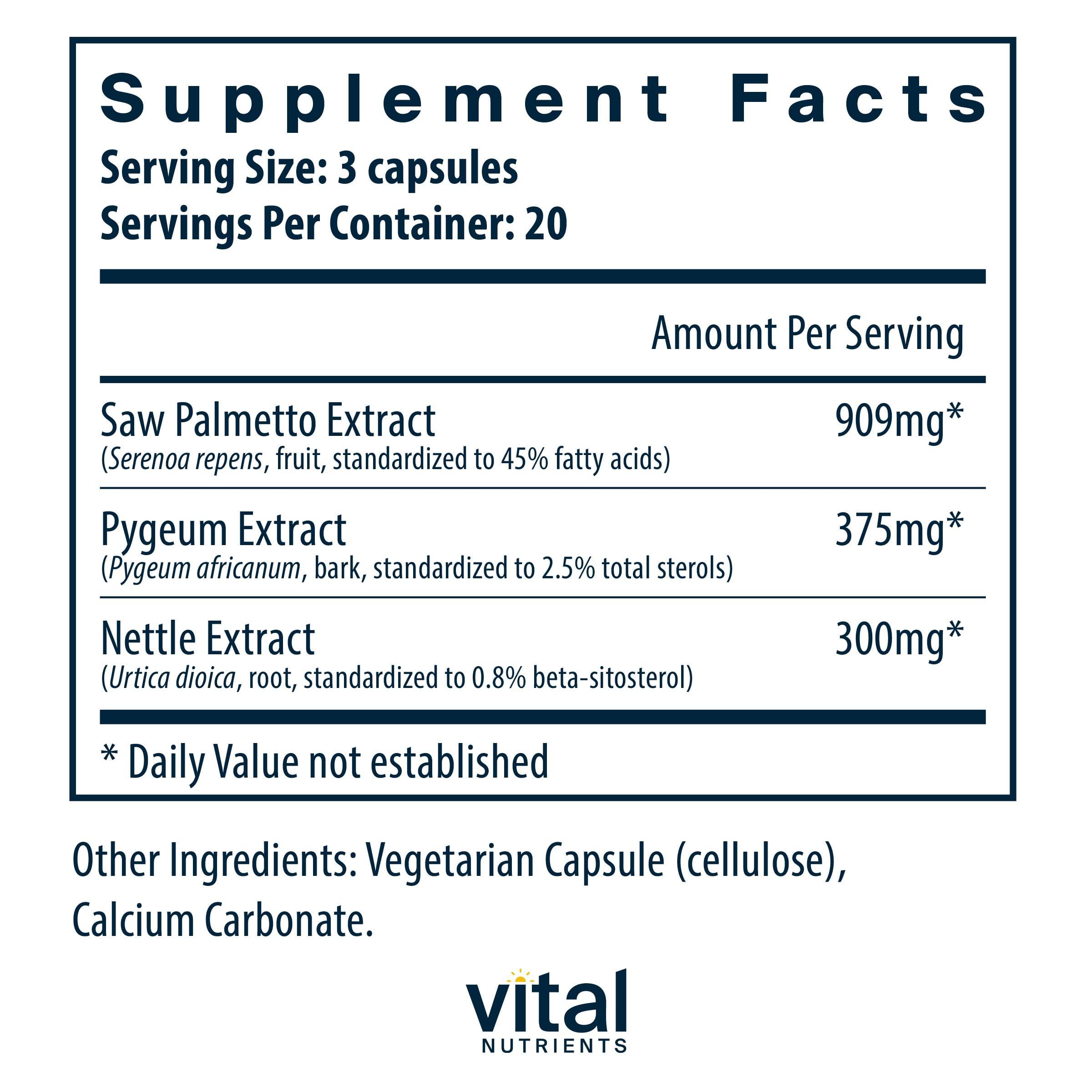 Vital Nutrients Saw Palmetto for Men - Prostate Support with Pygeum & Nettle Root - Vegan, Gluten-Free - 60 Capsules for Daily Wellness