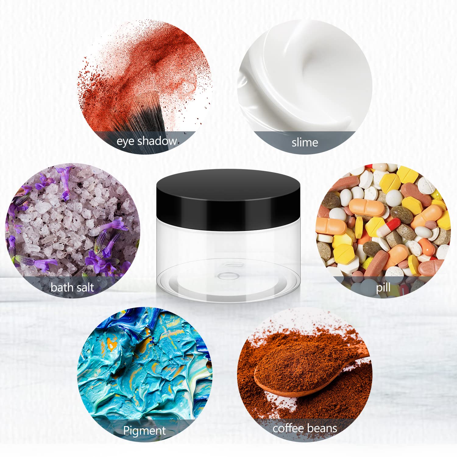 2oz Plastic Jars with Lids - 10 Pack BPA Free Reusable Cosmetic Containers for Bath Salts, Makeup, Powders & Beauty Products | Small Transparent Refillable Storage Jars for Home, Travel & DIY Projects
