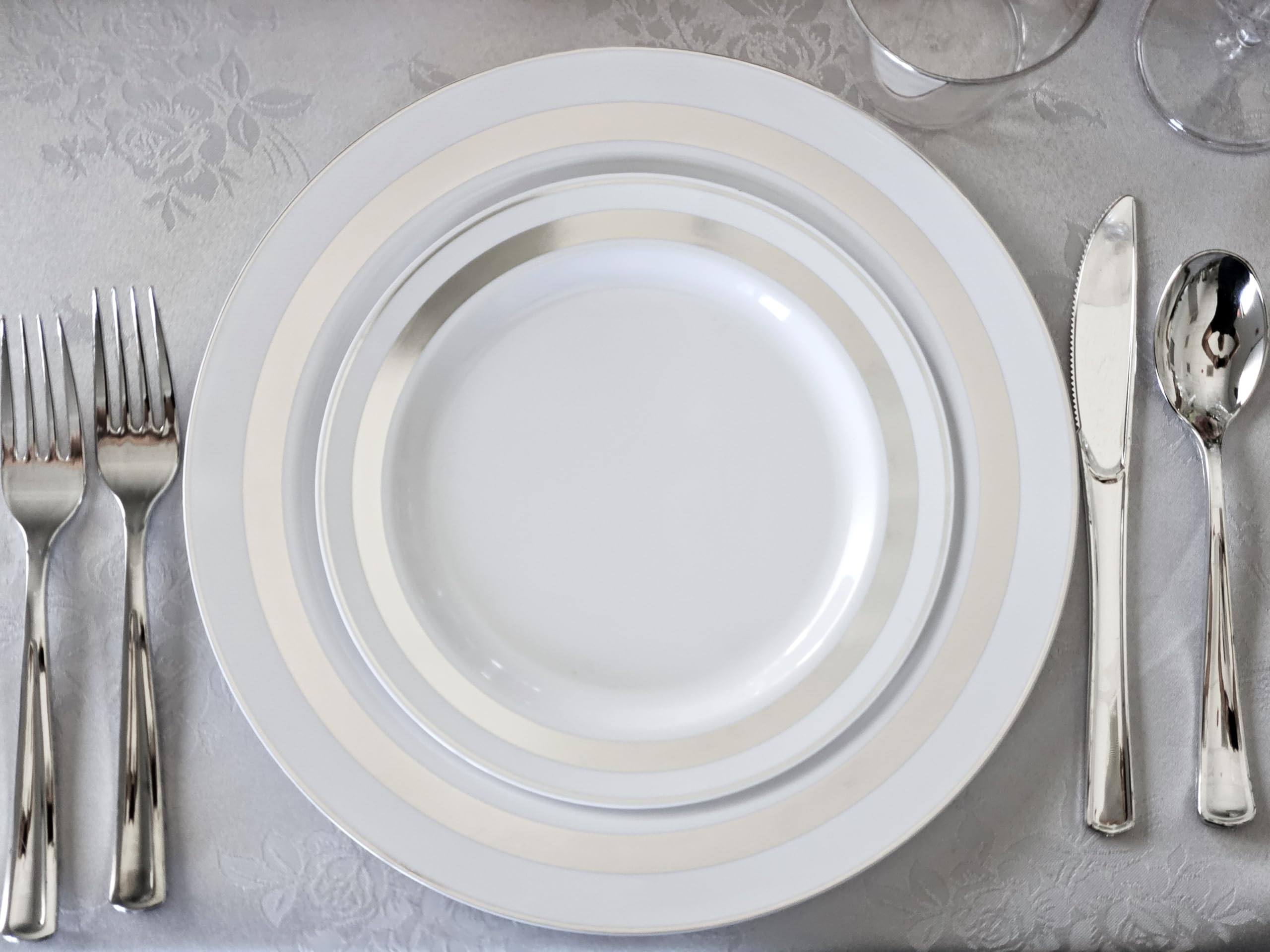 60-Piece Heavyweight Disposable Plastic Plates & Bowls Set - 14oz Soup Bowls for Weddings, Parties & Events (Elegant Soleil White & Silver) - Perfect for Catering, BBQ, Picnics & Family Gatherings