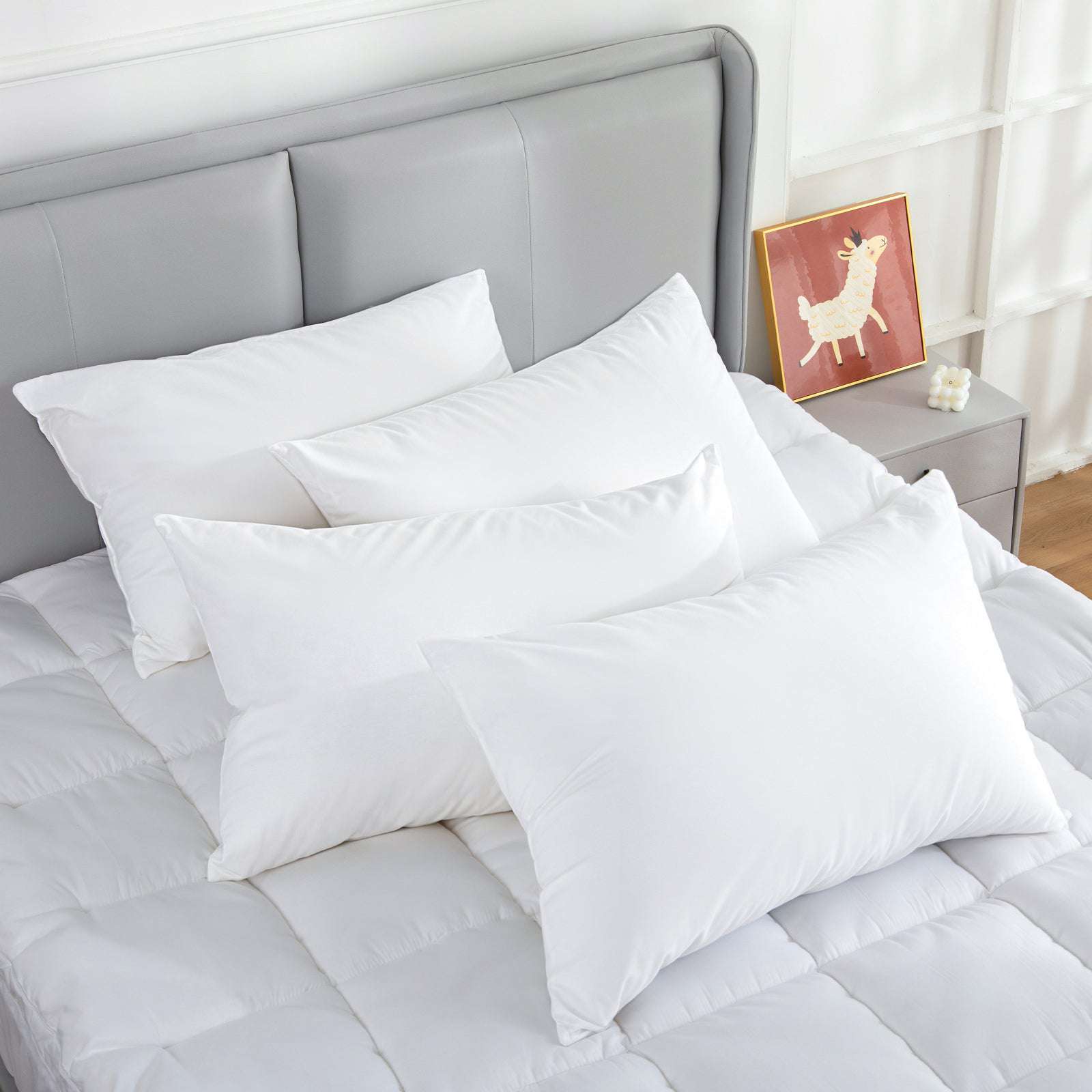 100% Cotton Pillow Cover with 800g Poly Fill - Hypoallergenic, Antibacterial & Cooling Technology - Set of 4 - Perfect for Bedroom, Guest Room & Travel Use