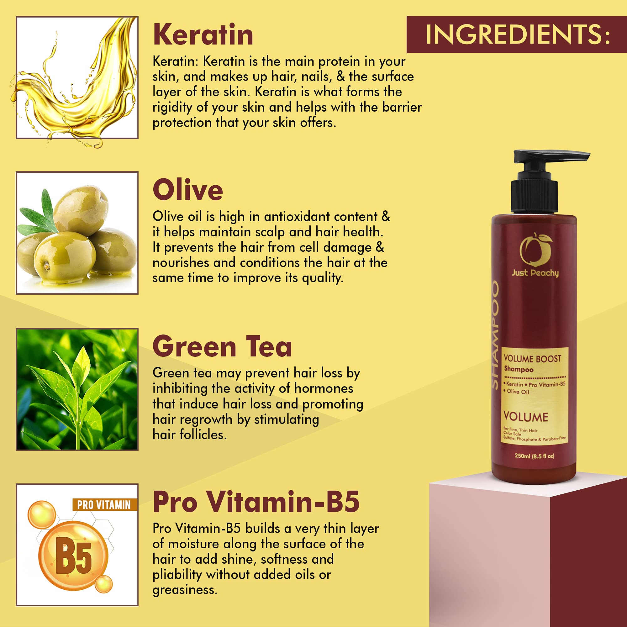 Just Peachy Volume Boost Shampoo with Keratin, Pro Vitamin B5 & Olive Oil - Color Safe for Fine & Thin Hair | Sulfate, Paraben & Phosphate Free | 100% Vegan (250ml) | Adds Volume & Shine for Daily Styling & Special Occasions