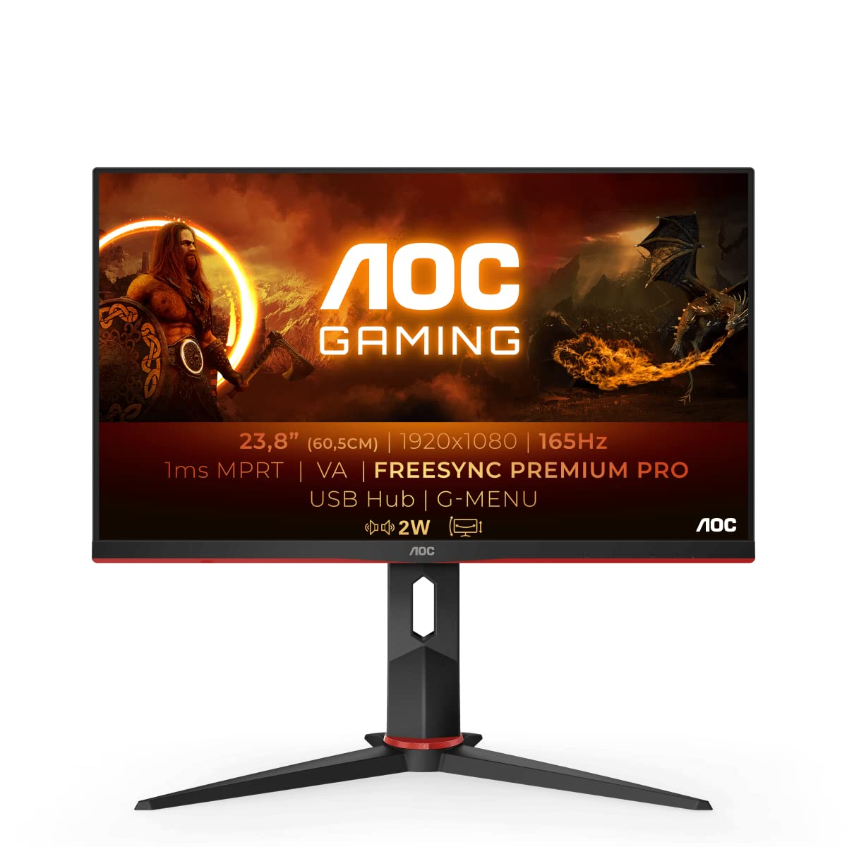 AOC 24G2SU 24 Inch FHD Gaming Monitor - 165Hz Refresh Rate, 1ms Response Time, AMD FreeSync Premium, 1920x1080 Resolution, VGA/HDMI/DisplayPort/USB Hub, Black/Red - Perfect for Competitive Gaming & Esports