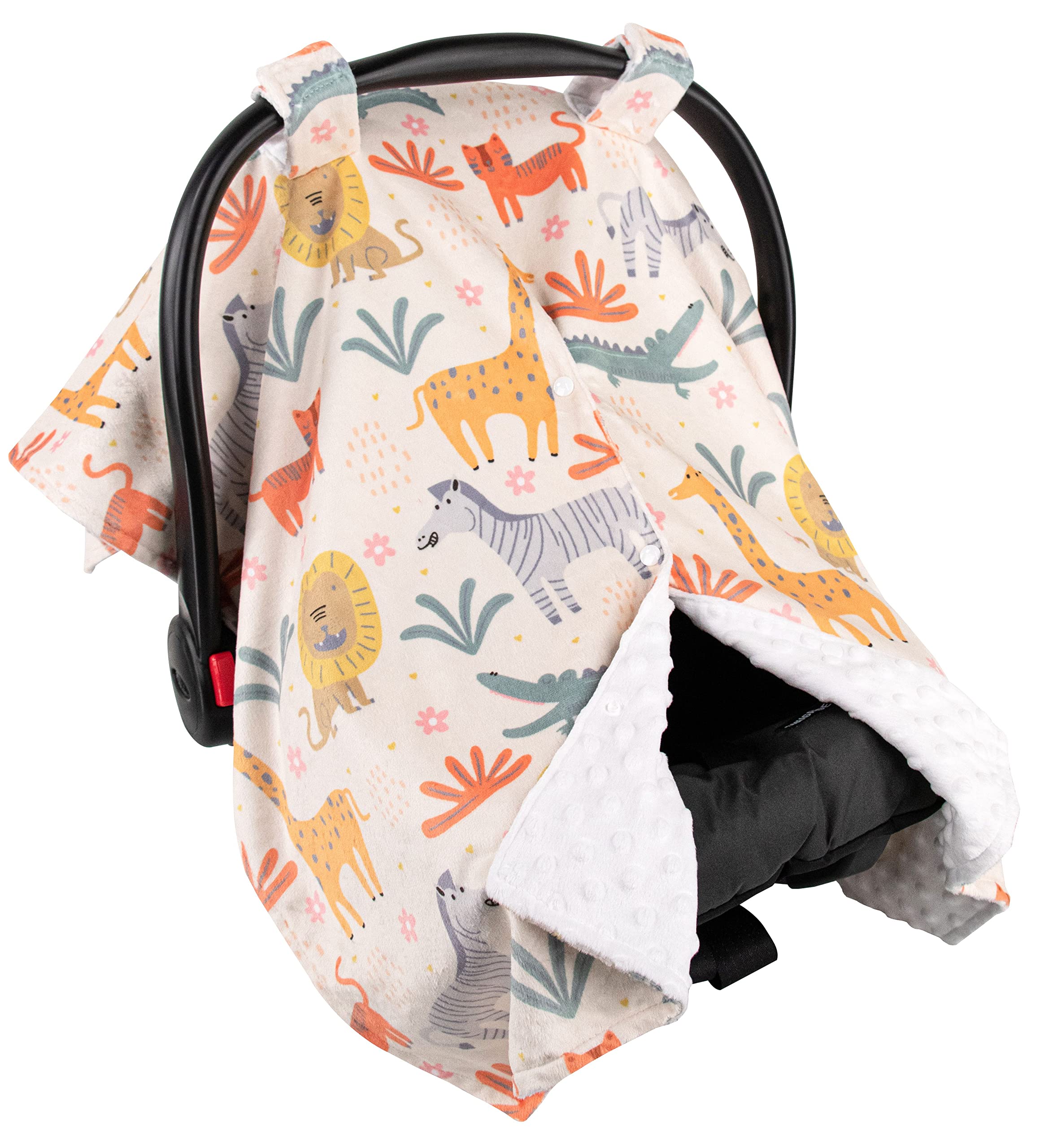 Top Tots Deluxe Minky Baby Car Seat Cover - Wild Safari Print, 40 x 29 Inch White | Soft & Breathable Infant Car Seat Protector for Boys & Girls | Perfect for Travel, Shopping & Daily Outings