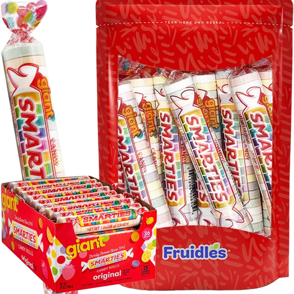 Fruidles Giant Smarties Hard Candy Roll - 18-Pack Assorted Flavors Individually Wrapped Bulk Candy for Parties, Halloween Treats & Office Snacks
