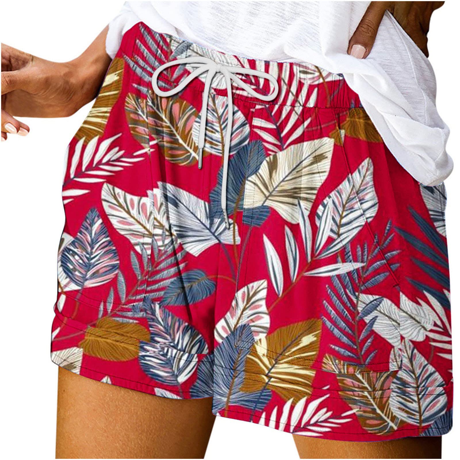Women's Beach Shorts with Pockets - Tropical Print Summer Shorts for Vacation & Casual Wear