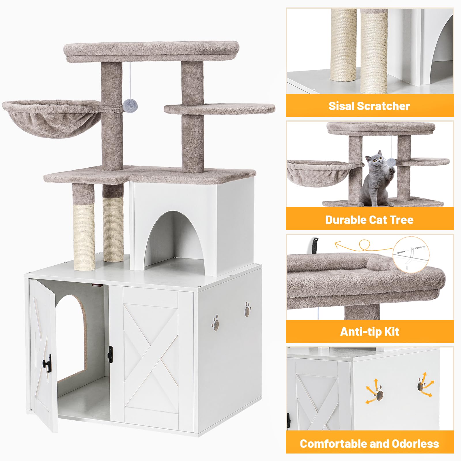 Snughome Wooden Cat Litter Box Enclosure with Cat Tree Tower & Condo - Hidden Cat Washroom Furniture with Sisal Scratching Post, Soft Plush Perch & Multiple Platforms - White - Perfect for Small Spaces & Multi-Cat Homes