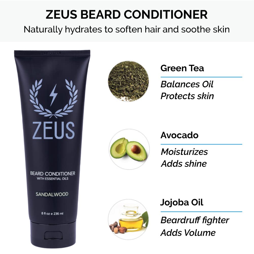 ZEUS Premium Beard Growth Kit for Thick Beards - Natural Beard Shampoo, Conditioner & Sandalwood Beard Oil Set with Travel Toiletry Bag | Made in USA | Perfect for Daily Grooming, Travel & Men's Self-Care Routine