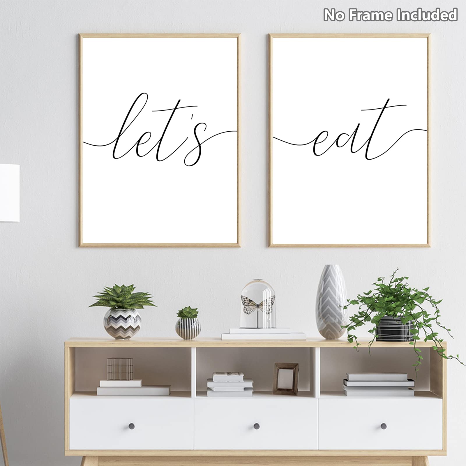 Modern Kitchen Wall Art - Let's Eat Sign Dining Room Decor Set of 2 (12x16 Inch) | Black Food-Themed Unframed Pictures for Kitchen & Dining Area | Perfect for Home, Restaurant or Cafe Decor