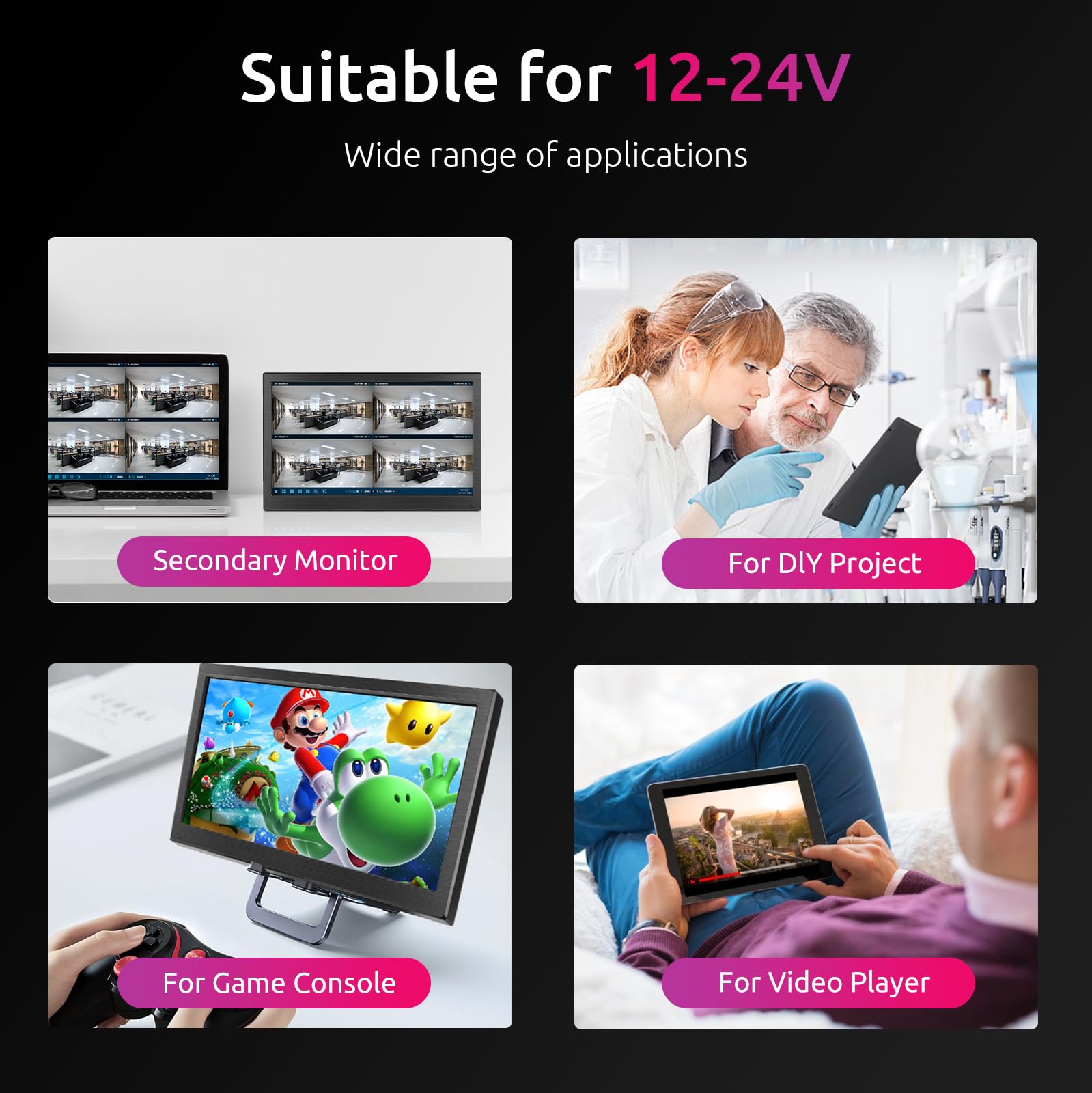 13.3 Inch IPS Portable Monitor Full HD 1080P with HDMI/VGA/AV/BNC/USB Inputs - Ideal for Laptop, Gaming, Surveillance & Rear Camera Use - 12-24V Power Supply