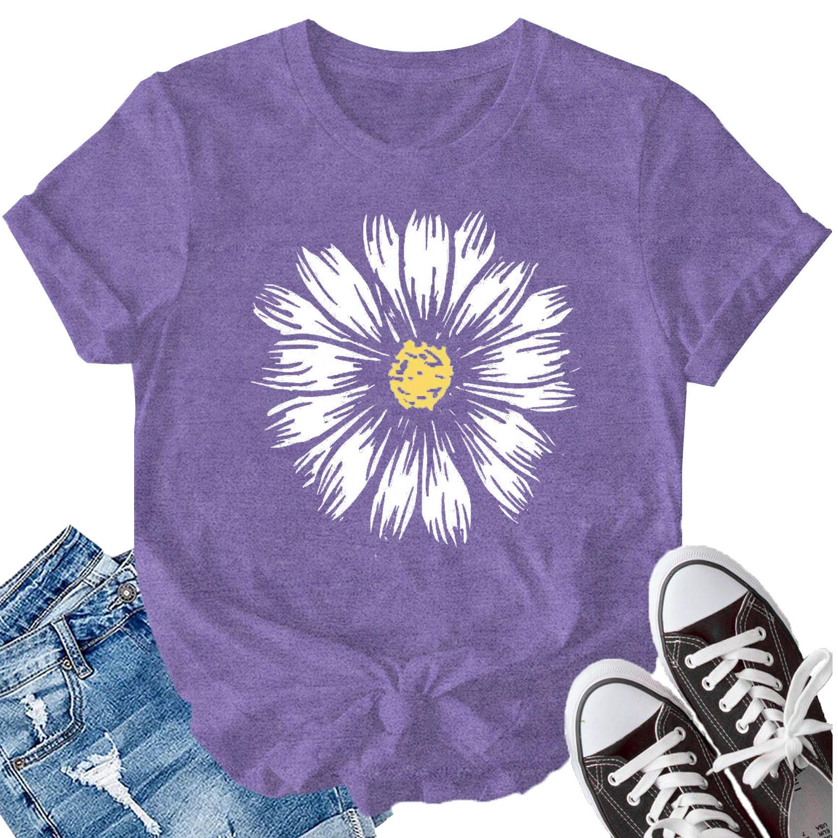 LBP Women's Daisy Floral T-Shirt - Wildflower Print Casual Summer Top - Perfect for Beach Outings, Picnics & Everyday Wear