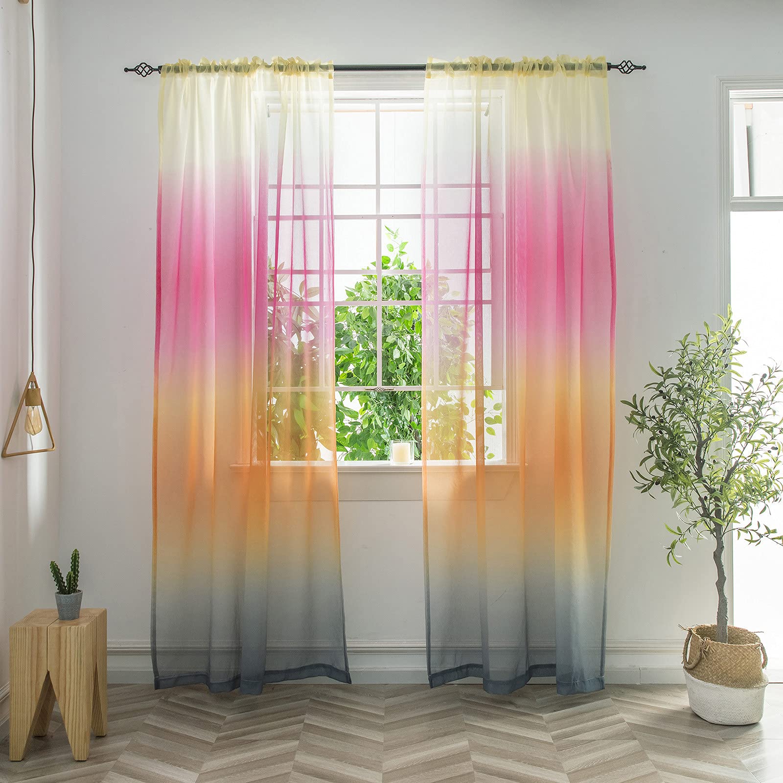 Hubl Pink Rainbow Striped Window Curtains for Girls Bedroom - 2 Panel Set, Cute Fabric Drapes with Wide Stripes, Light Filtering & Privacy - Perfect for Kids Room, Nursery, or Teen Girls Bedroom Decor
