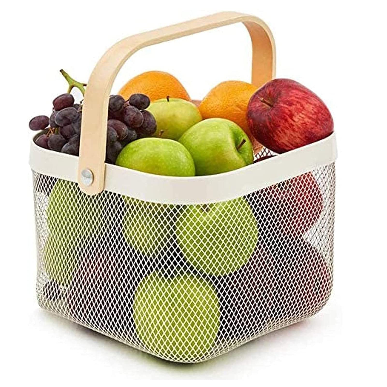 SETSCZY White Wire Mesh Basket with Wooden Handles - Versatile Fruit Basket for Kitchen, Living Room, Picnic & Home Organization - Portable Storage Solution for Fruits, Vegetables, Bread & Household Items