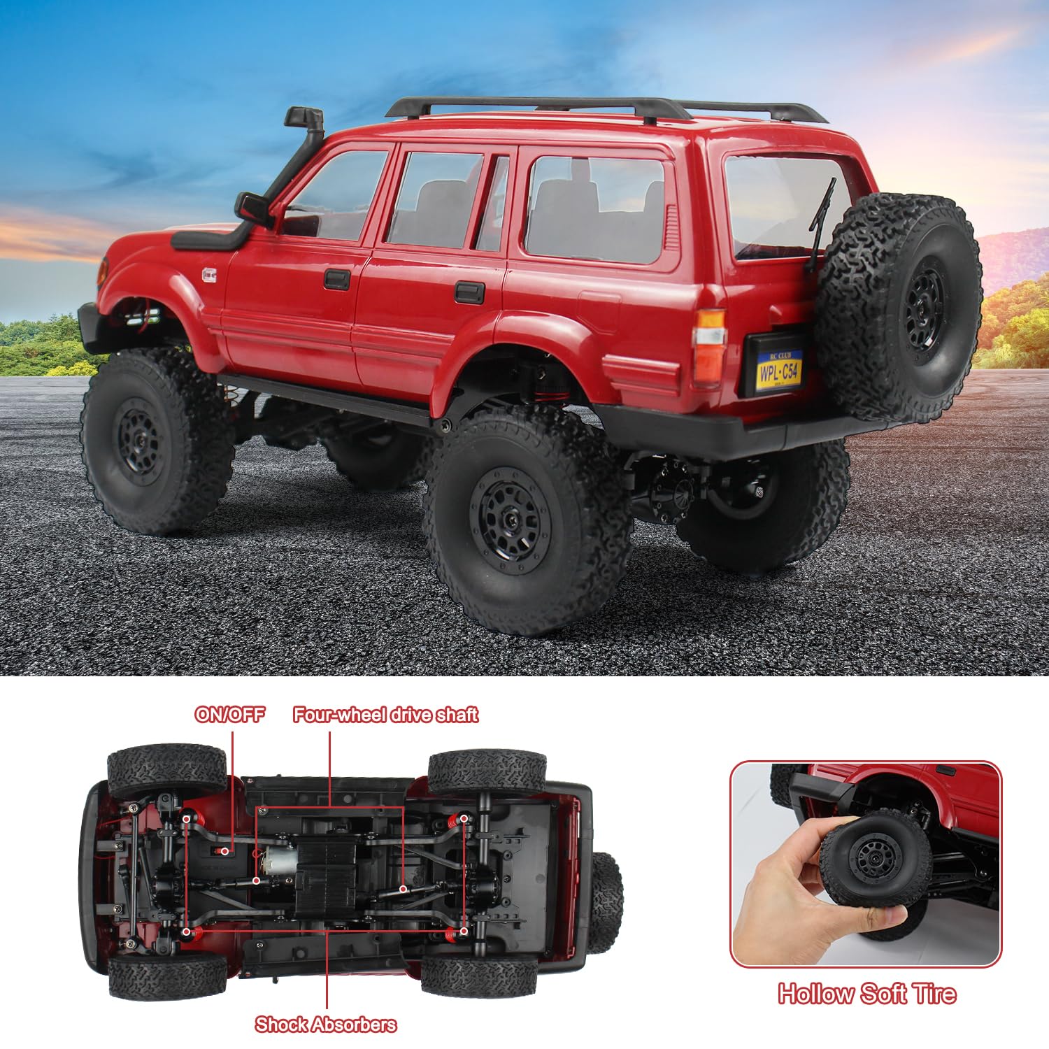 1/16 Scale WPL C54 RC Rock Crawler - 4x4 Off-Road Remote Control Truck with LED Lights & 2 Batteries | All Terrain RTR RC Car for Kids & Adults | Perfect for Backyard Crawling, Trail Adventures and Off-Road Racing