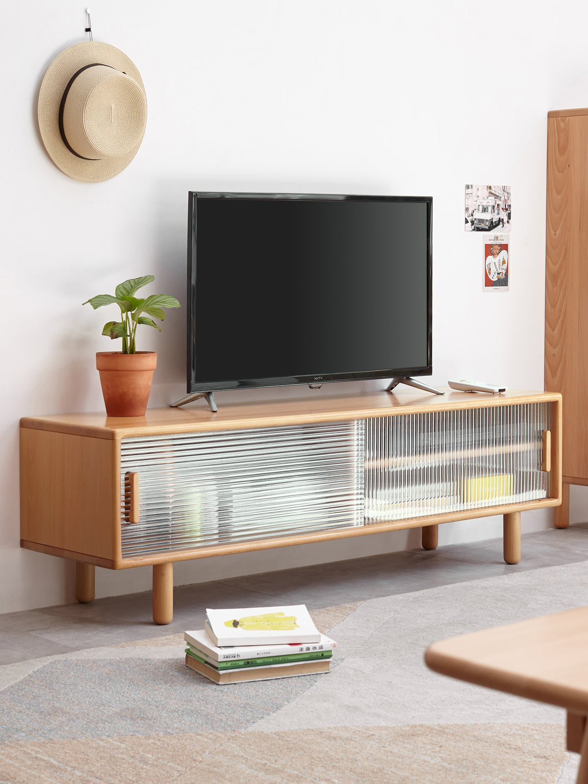 Solid Beech Wood TV Stand with Storage - Modern Entertainment Center for Living Room, Bedroom & Home Theater