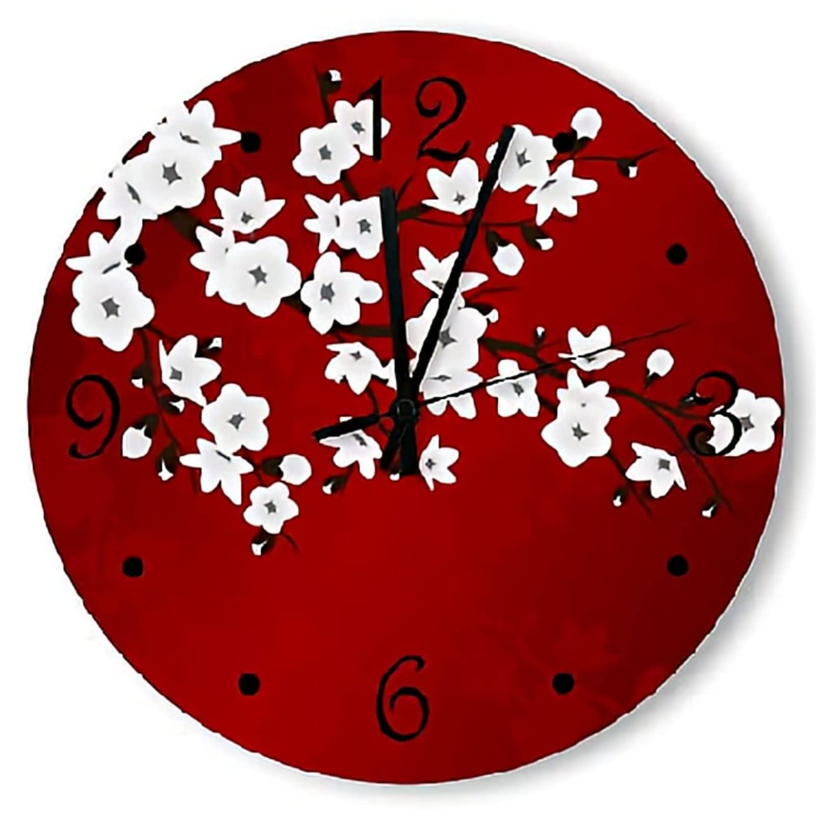10 Inch Cherry Blossom Oriental Red Wall Clock - Silent Battery Operated Round Wood Wall Decor for Living Room, Bedroom & Office - Large Decorative Black and White Hanging Clock