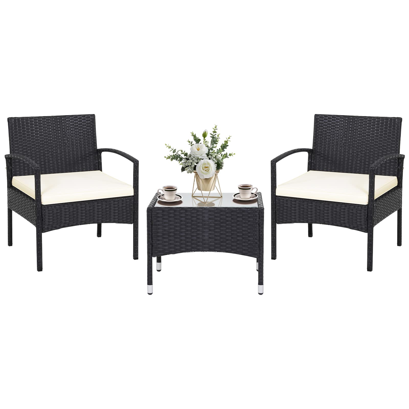RELAX4LIFE 3-Piece Outdoor Patio Furniture Set - Beige Rattan Wicker Bistro Set with 2 Chairs & Glass Coffee Table, Durable Steel Frame for Garden, Balcony, Porch | Perfect for Backyard Relaxation & Entertaining Guests