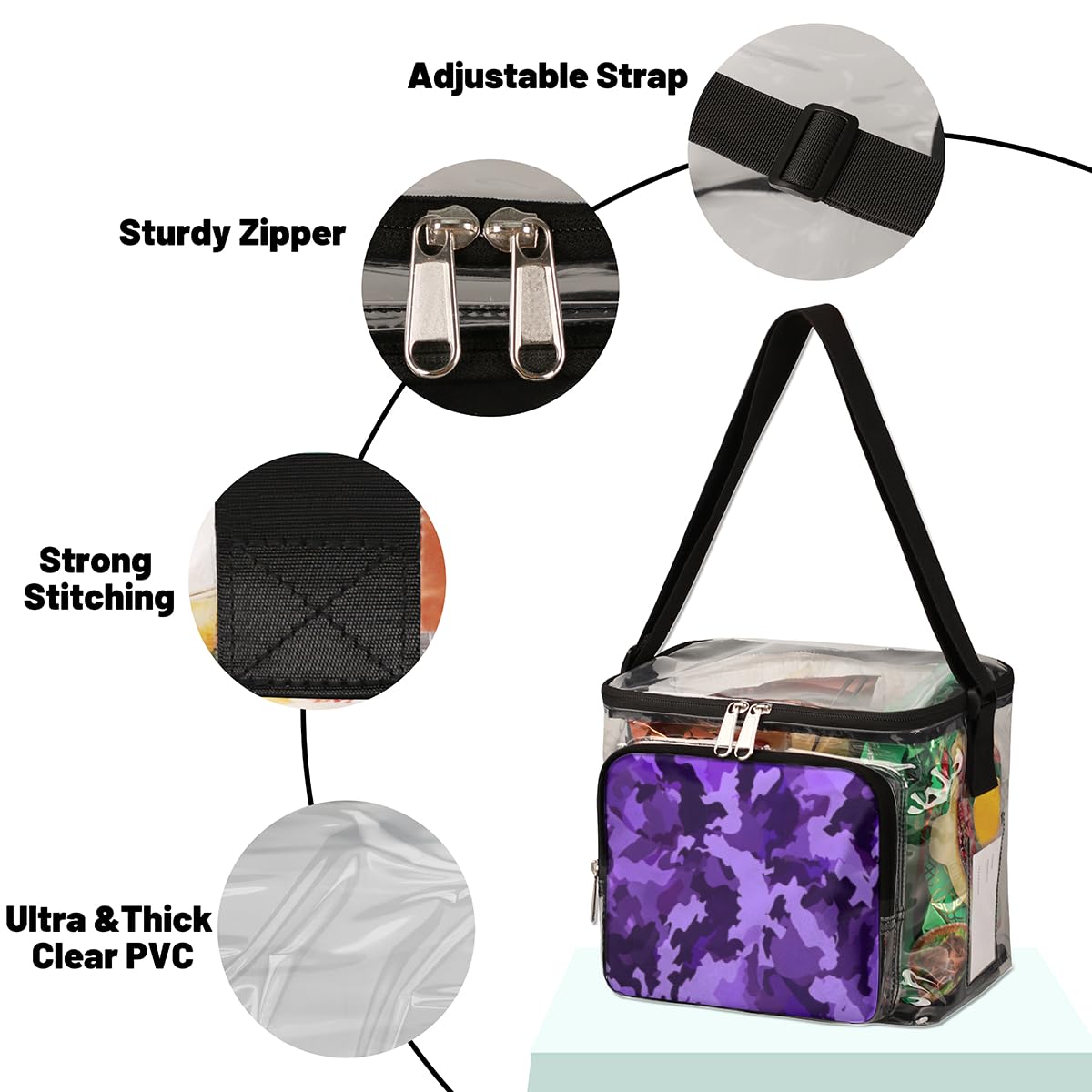 GzLeyigou Camouflage Print Clear Tote Bag with Handles - Purple & Black Camo Transparent Crossbody Shoulder Bag for Lunch, Outdoor, Travel, Picnic, Concerts, Sports Events | Stadium Approved Clear Purse for Women & Men | Perfect for Music Festivals, Beach Days and Shopping Trips