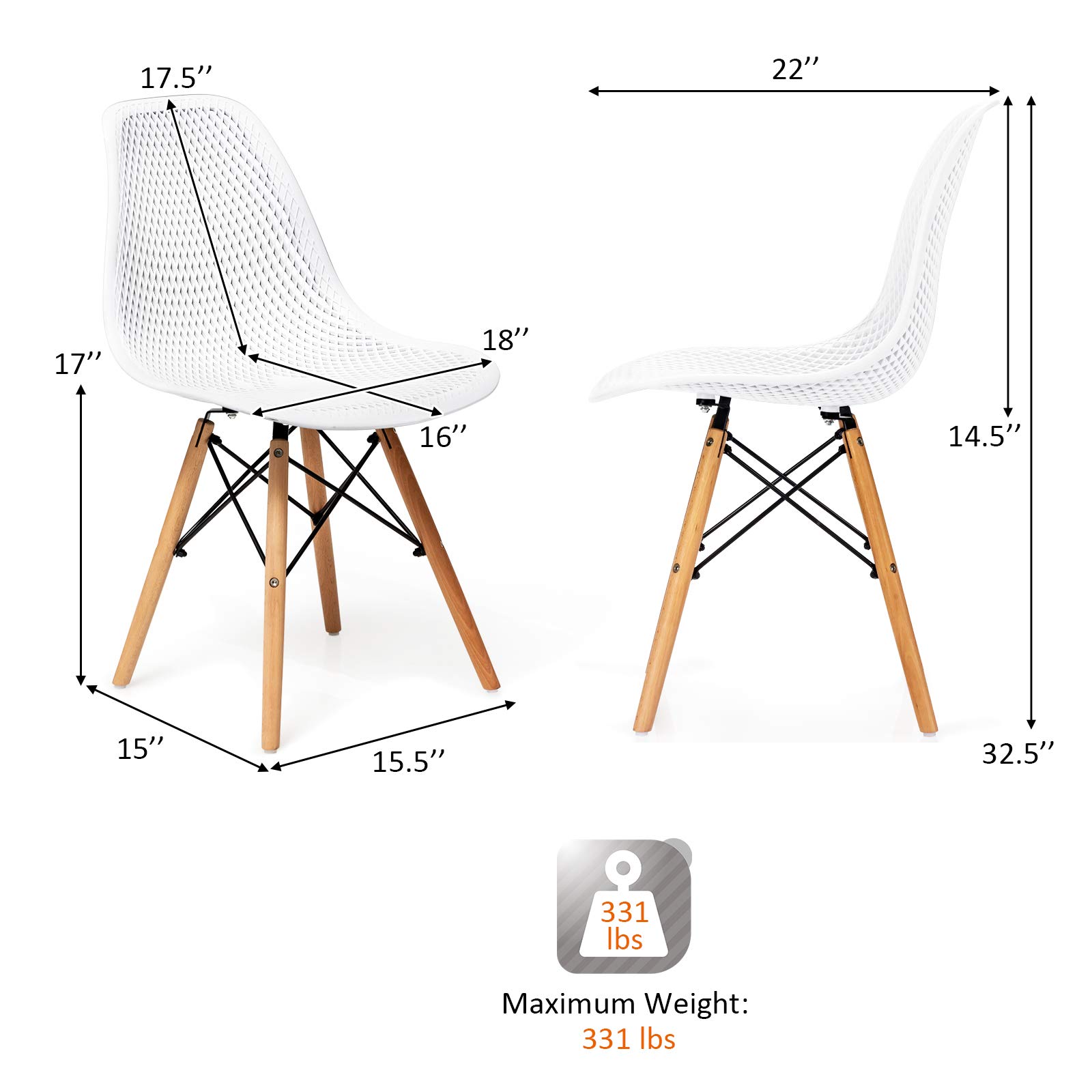 Giantex Set of 4 Modern Dining Chairs - Indoor/Outdoor Shell PP Lounge Side Chairs with Breathable Mesh Design & Sturdy Beech Wood Legs, Tulip-Style Leisure Chairs for Kitchen, Dining Room, Patio, or Office - White