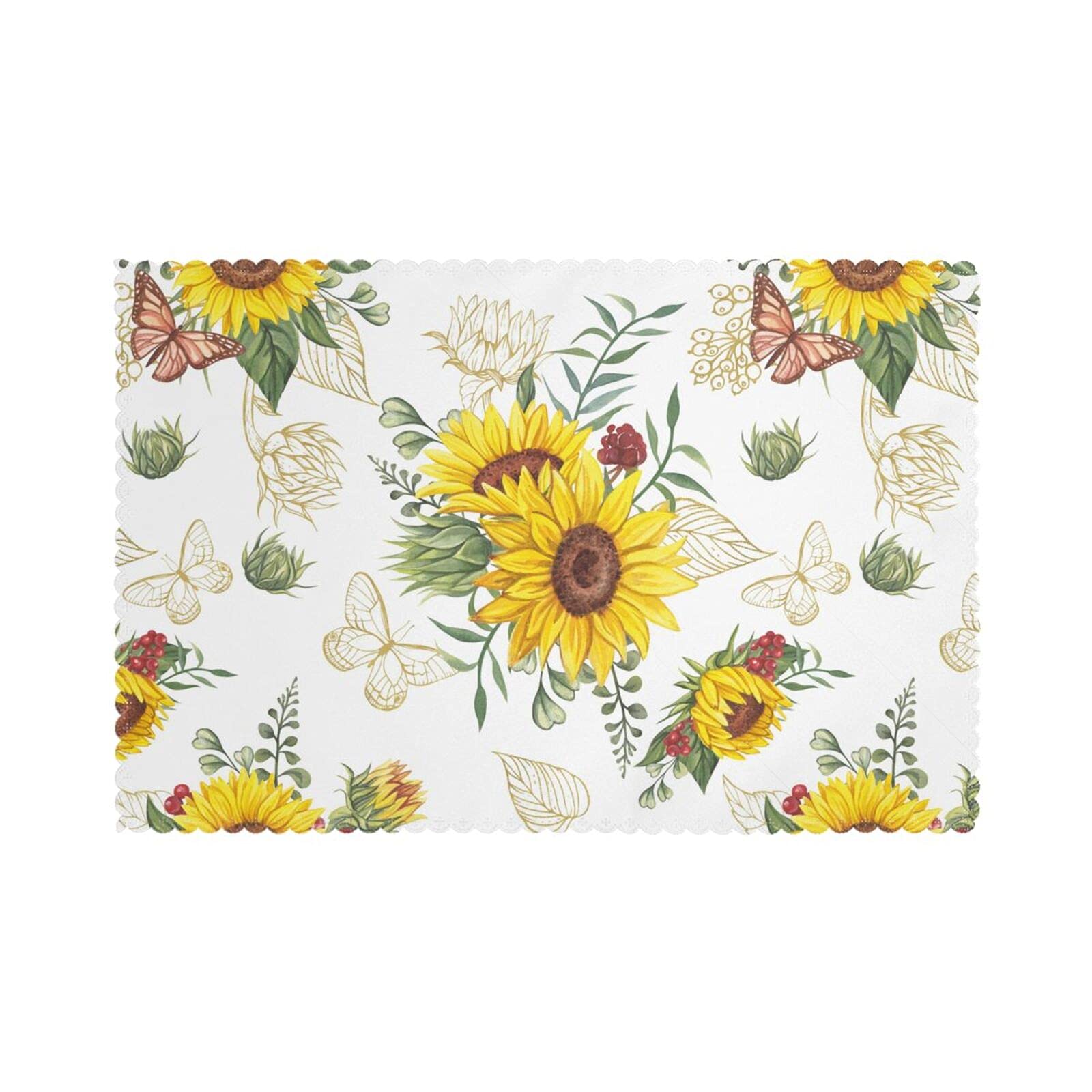 Sunflower Bouquets & Butterflies Placemats Set of 6 - Washable Non-Slip Table Mats for Kitchen & Dining Decor (12x18 in) - Perfect for Indoor/Outdoor Use, Parties, and Everyday Meals