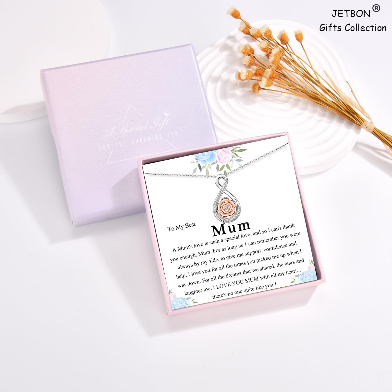 JETBON Sterling Silver Infinity Necklace with Cubic Zirconia - Elegant Jewelry Gift for Mom, Mother in Law, Wife | Christmas, Mother's Day, Birthday Present from Daughter or Son | Comes with Gift Box & Message Card | Perfect for Anniversaries, Weddings, Special Occasions