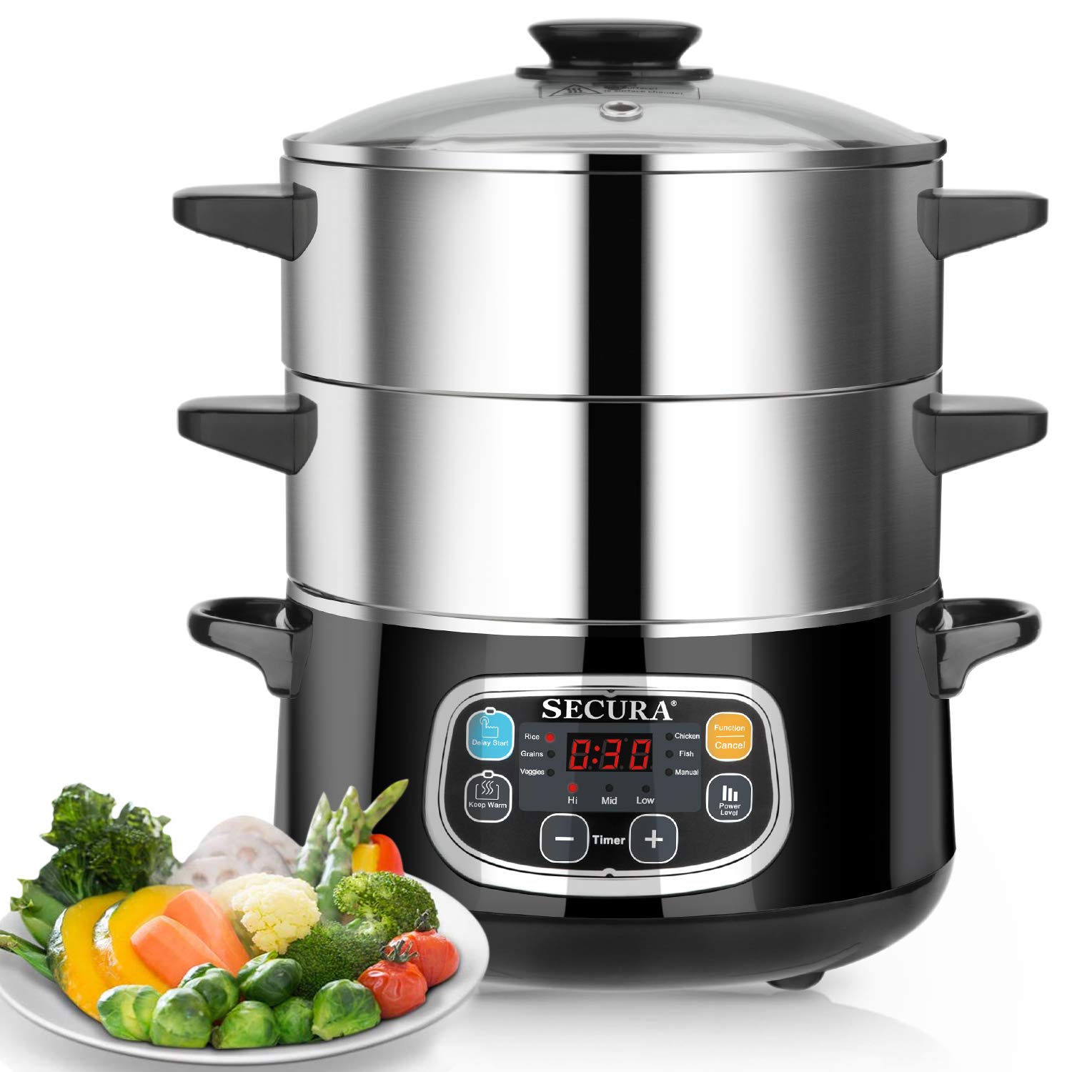 Secura 1200W Electric Food Steamer with Digital Timer - 8.5 Quart Stainless Steel Double Tiered Stackable Baskets for Fast Heating Vegetables & Healthy Cooking | Perfect for Meal Prep, Baby Food & Family Dinners