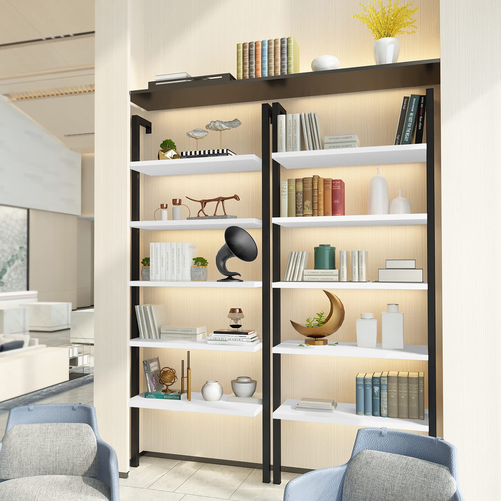 Industrial Ladder Bookshelf - 5-Tier Wall Mounted Bookcase with Metal Frame, Open Display Storage Shelf for Living Room, Bedroom, Office & Balcony | Space-Saving Leaning Ladder Design for Home Decor & Organization