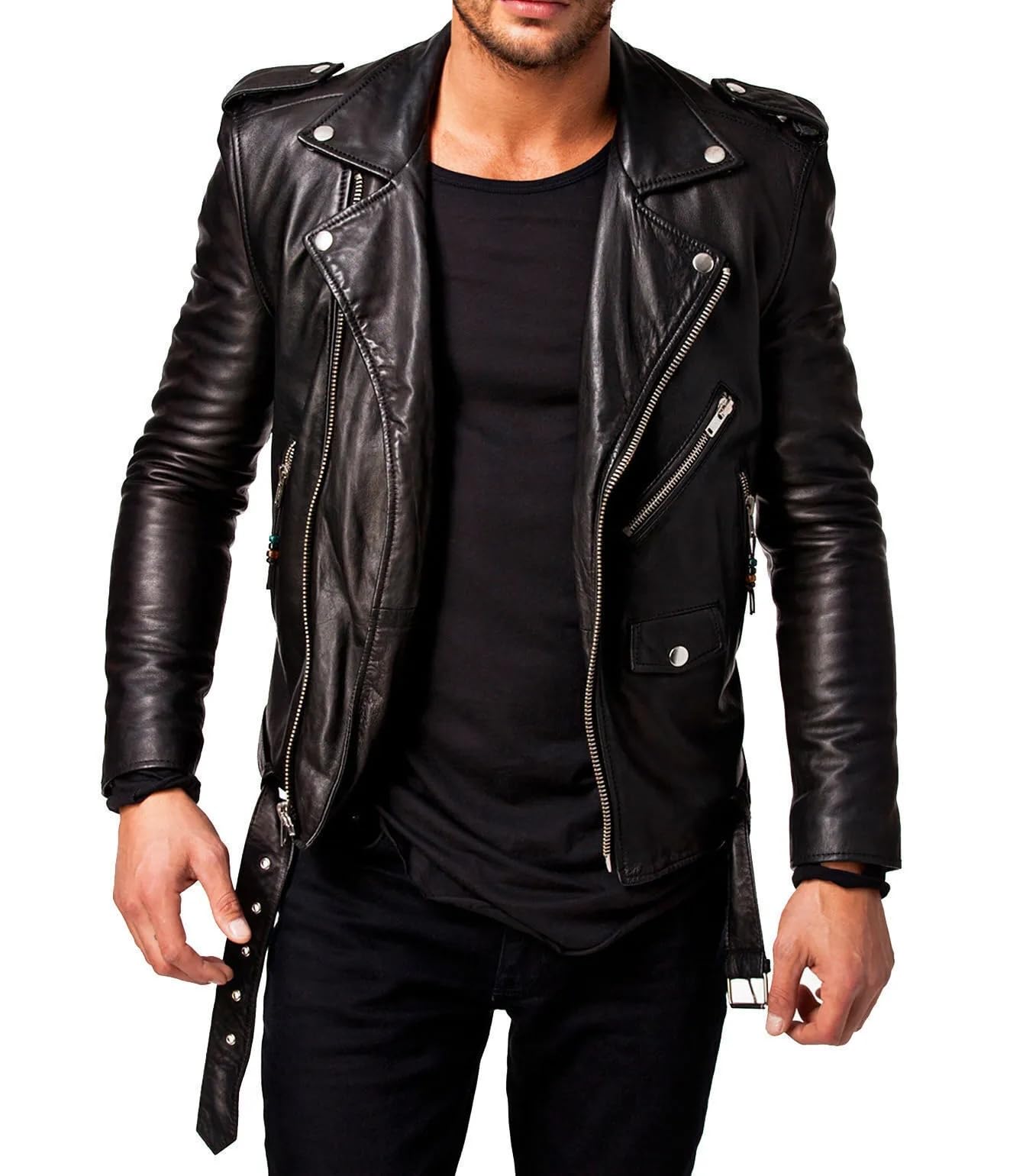 DECIMAL Men's Black Real Lambskin Leather Biker Jacket - Vintage Genuine Motorcycle Jacket for Men - Perfect for Riding, Casual Wear & Outdoor Adventures