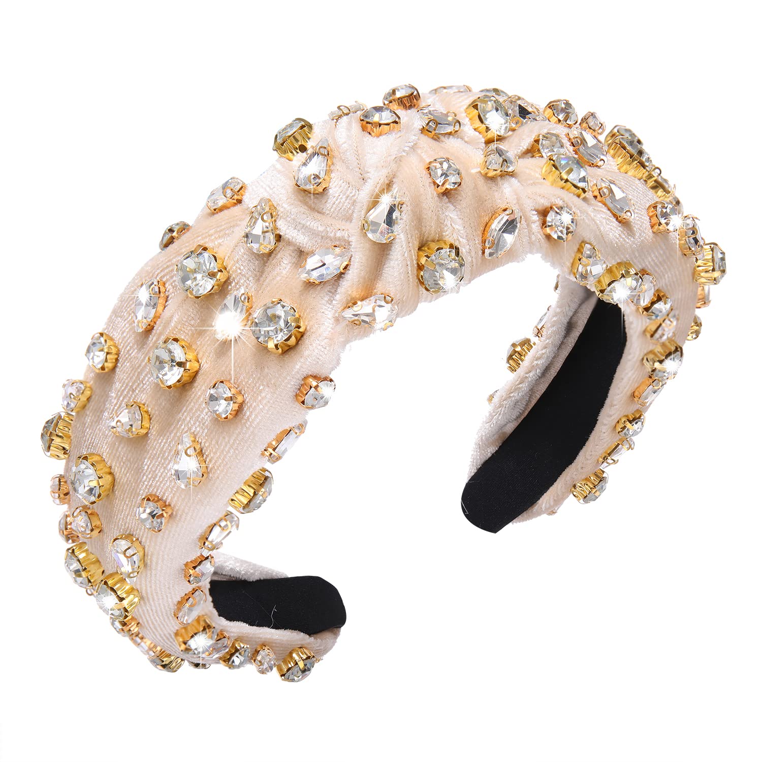 Sparkly Crystal Embellished Rhinestone Knotted Headband for Women - Elastic Wide Velvet Hair Hoop with Twist Turban Design - Perfect for Parties, Weddings & Special Occasions (Off-white)