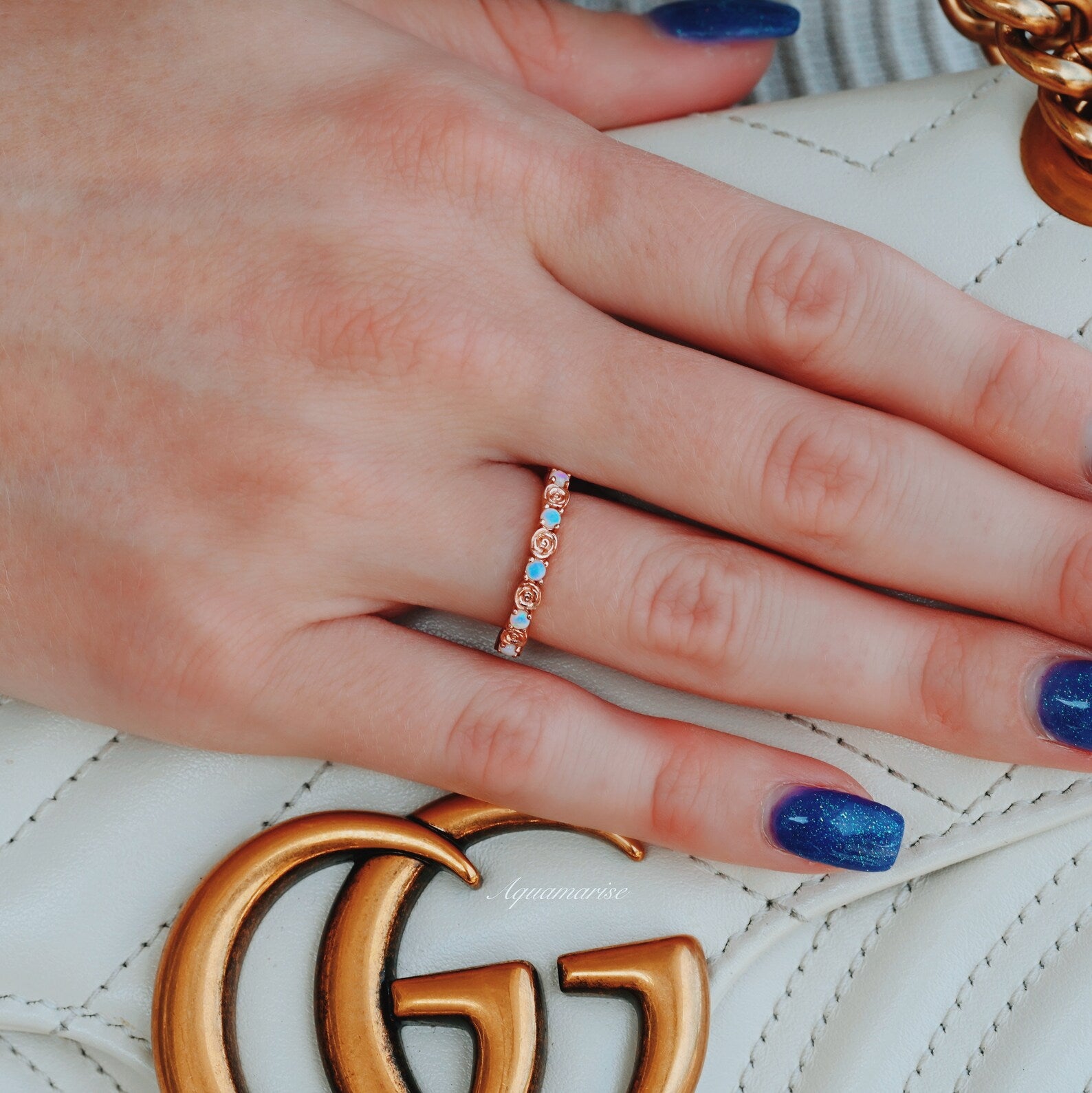 14K Rose Gold Vermeil Dainty Rose Australian Opal Wedding Band - Elegant Engagement Ring & Anniversary Gift for Her